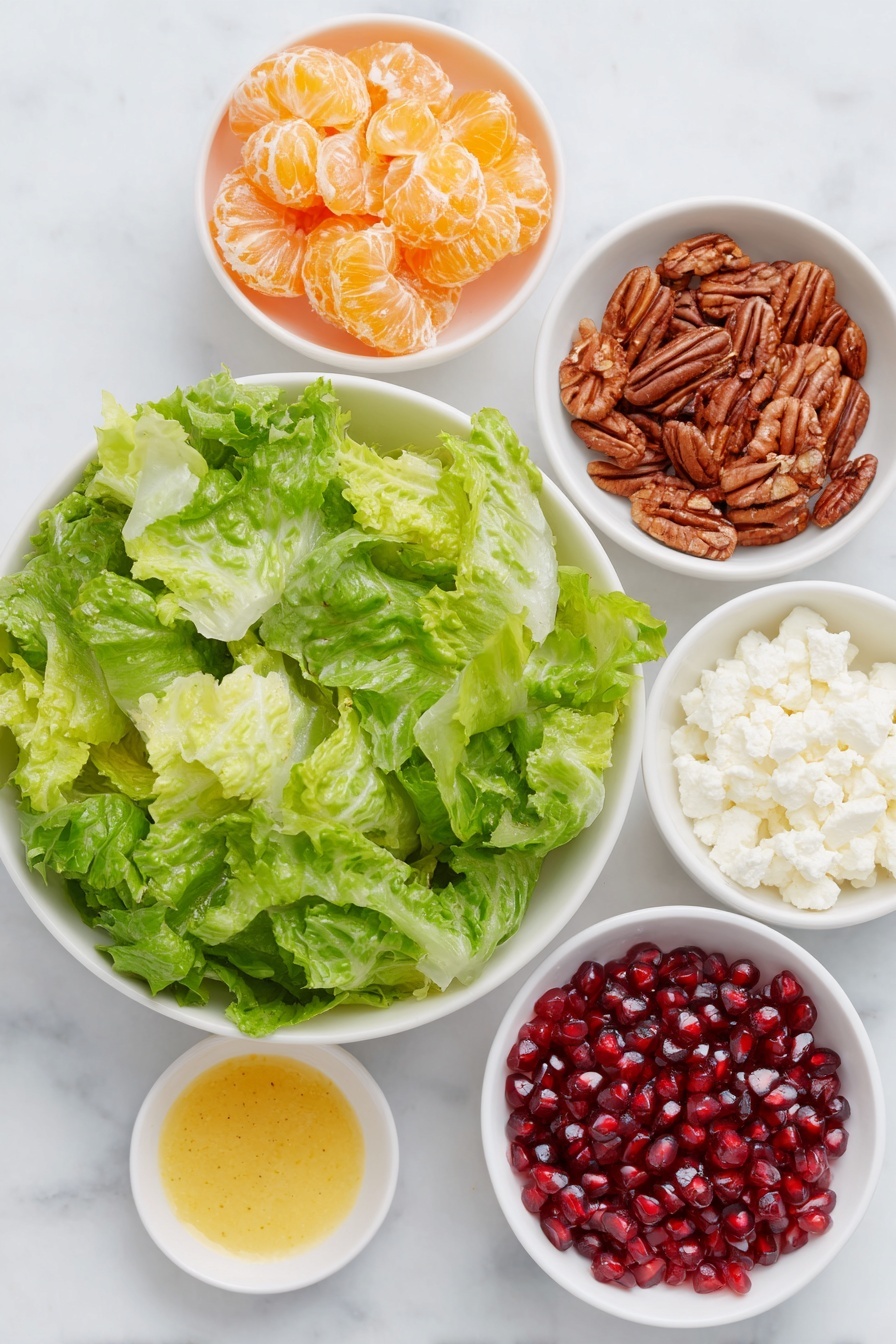 Festive Mandarins and Pomegranate Salad Recipe 7 Flat lay of a large handful of fresh spring mixed greens, a small white bowl of bright orange mandarin segments, a small white bowl filled with ruby red pomegranate arils, a small white bowl of glossy candied pecans, a small white bowl containing crumbled white feta cheese, and a small white bowl of golden honey mustard dressing placed on a clean white marble surface, soft natural light, photo taken with an iPhone, professional food photography style, fresh ingredients, white ceramic bowls, no bottles, no duplicates, no utensils, no packaging --ar 2:3 --v 7 --p m7354615311229779997 - Festive Mandarins and Pomegranate Salad, holiday citrus salad, Christmas fruit salad, healthy holiday side dish, colorful fruit salad