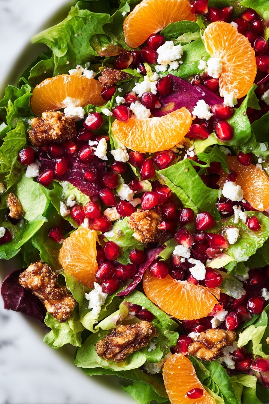 Festive Mandarins and Pomegranate Salad Recipe 6 A fresh salad with several layers is shown on a white marbled surface. The bottom layer is made of leafy greens in different shades of green and dark purple with soft textures. On top of this, there are bright orange tangerine slices spread around. Scattered across the salad are glossy, deep red pomegranate seeds adding shine and color contrast. Light brown, crunchy-looking coated nuts are placed evenly over the salad. Small white pieces of crumbly cheese dot the top layer, giving a creamy texture and color contrast. The whole dish looks colorful and fresh with a mix of soft, crunchy, and juicy textures. Photo taken with an iphone --ar 2:3 --v 7 - Festive Mandarins and Pomegranate Salad, holiday citrus salad, Christmas fruit salad, healthy holiday side dish, colorful fruit salad