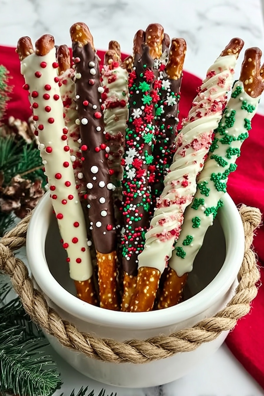 Festive Chocolate Dipped Pretzel Rods Recipe 8 The image shows a white bowl with rope handles, filled with various pretzel sticks covered in different types of festive chocolate coatings and decorations. There are seven pretzel sticks in total, each with a visible pretzel base at the bottom. The first pretzel on the left is coated in light cream chocolate and decorated with small red and then white pieces. The second pretzel is coated in dark milk chocolate and covered with small red and green round sprinkles and stars. The third pretzel has a dark chocolate layer with small red, white, and green round sprinkles. The fourth pretzel is coated in white chocolate and covered with green holly leaf-shaped sprinkles and small red round sprinkles. The fifth pretzel is covered in white chocolate with green and red thin drizzle lines on top. The sixth pretzel has cream chocolate coating with red and white tiny crushed candy pieces. The bowl is set on a white marbled surface, with some green pine leaves and red cloth visible behind it. photo taken with an iphone --ar 2:3 --v 7 - Festive Chocolate Dipped Pretzel Rods, holiday pretzel treats, chocolate coated pretzels, Christmas snack ideas, easy holiday desserts
