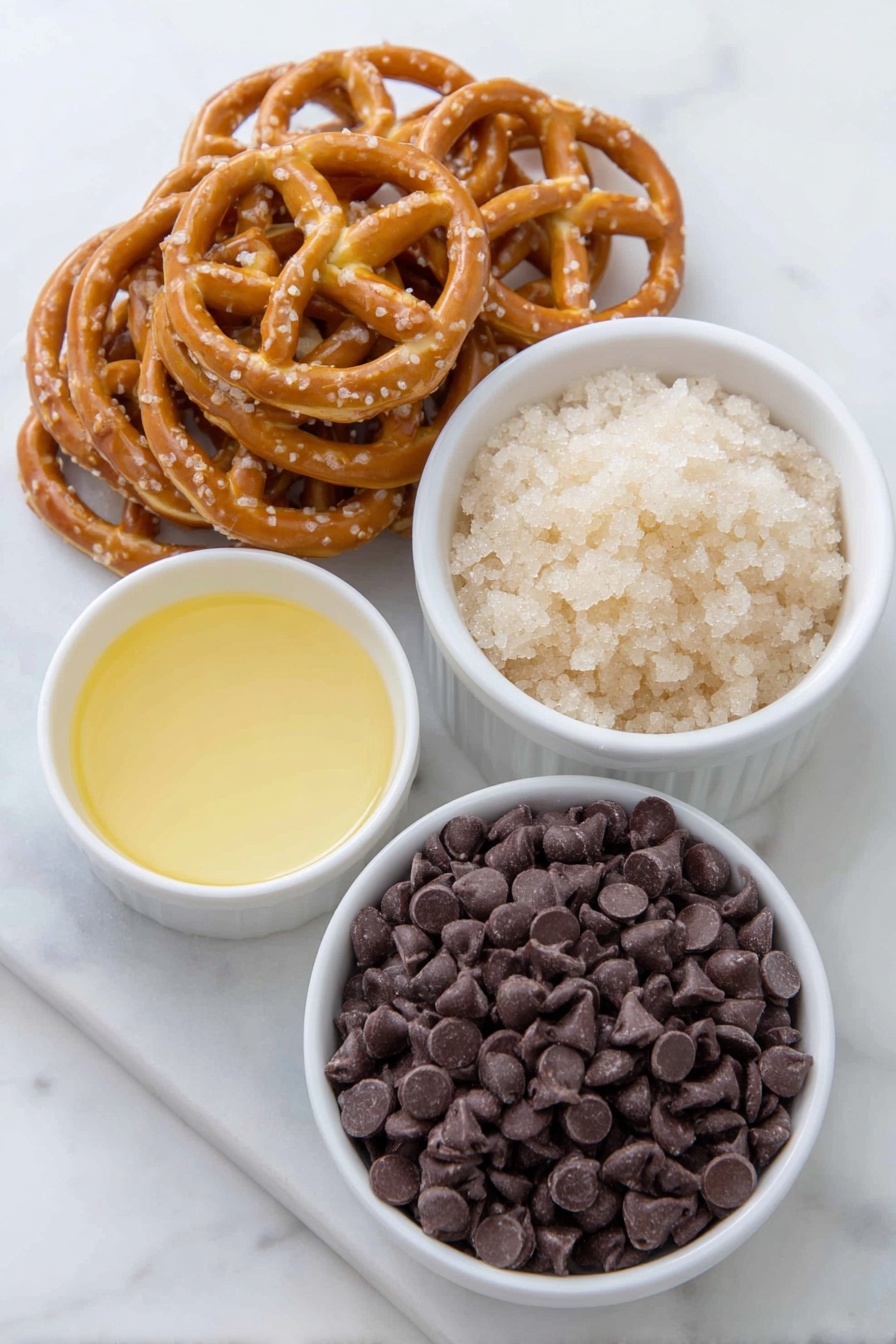 Chocolate Caramel Pretzel Bars Recipe 7 Flat lay of mini pretzel twists scattered naturally, a small white ceramic bowl filled with golden melted butter, a small white ceramic bowl holding packed light brown sugar crystals, and a simple white ceramic bowl overflowing with glossy dark chocolate chips, all ingredients fresh and unprocessed, perfectly arranged with balanced spacing and symmetry, placed on a clean white marble surface, soft natural light, photo taken with an iPhone, professional food photography style, fresh ingredients, white ceramic bowls, no bottles, no duplicates, no utensils, no packaging --ar 2:3 --v 7 --p m7354615311229779997 - Chocolate Caramel Pretzel Bars, chocolate caramel pretzel bars, salty sweet pretzel bars, easy dessert bars, homemade caramel pretzel bars