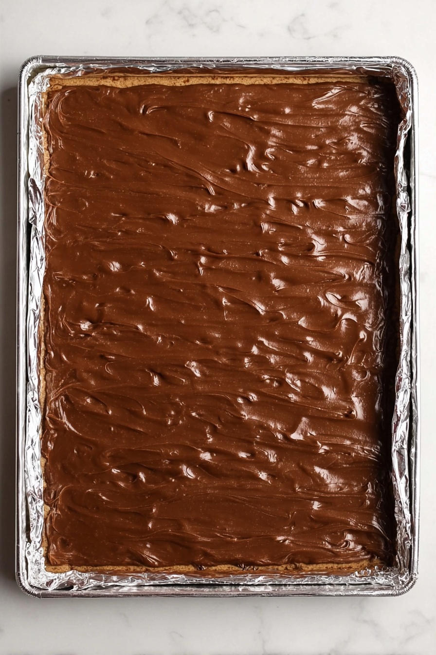 Chocolate Caramel Pretzel Bars Recipe 8 A rectangular baking pan lined with foil holds a single layer of thick, smooth chocolate spread evenly covering the entire surface. The chocolate layer has a shiny, textured look with slight ripples and small indentations across the top. The pan rests on a white marbled texture background. photo taken with an iphone --ar 2:3 --v 7 - Chocolate Caramel Pretzel Bars, chocolate caramel pretzel bars, salty sweet pretzel bars, easy dessert bars, homemade caramel pretzel bars