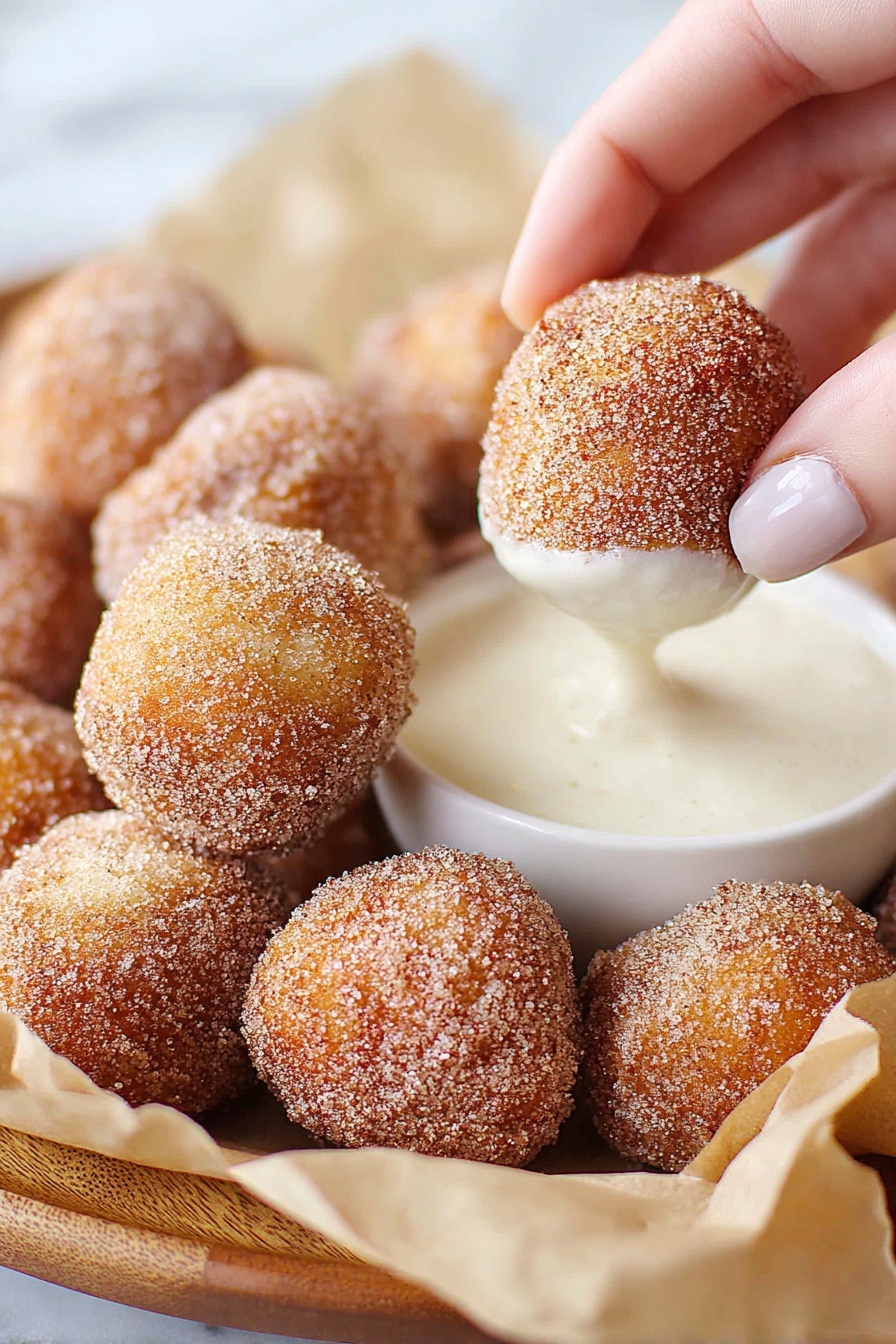Cinnamon Sugar Pretzel Bites Recipe 8 A close-up image of small round doughnut holes covered in a light brown sugar and cinnamon coating, piled together on brown parchment paper. One doughnut hole is held by a woman's hand, dipping into a shallow white ceramic bowl filled with a smooth, creamy white sauce. The doughnut holes have a rough, sugary texture with a golden-brown color showing under the sugar. The background is soft and out of focus with a white marbled surface. photo taken with an iphone --ar 2:3 --v 7 - Cinnamon Sugar Pretzel Bites, easy pretzel bites, cinnamon sugar snack, homemade pretzel snacks, soft pretzel bites