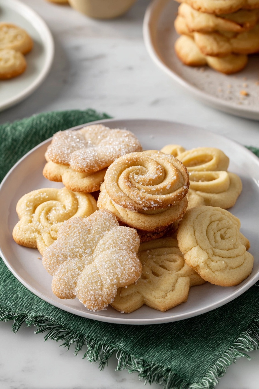 Melt-in-Your-Mouth Danish Butter Cookies Recipe 8 A white round plate holds a pile of light golden cookies with different shapes and patterns, some swirled like rosettes, others with small holes or ridged edges, all sprinkled with coarse sugar crystals. The cookies have a slightly browned edge and a soft, crumbly texture. The plate sits on a green cloth with fringed edges atop a white marbled surface. In the background, there is a white bowl filled with similar cookies and part of another plate with stacked cookies. Photo taken with an iphone --ar 2:3 --v 7 - Melt-in-Your-Mouth Danish Butter Cookies, Danish Butter Cookies, Buttery Cookies, Elegant Cookie Recipes, Easy Danish Cookies