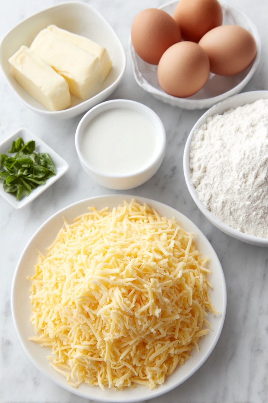 Cheddar Basil Crackers Recipe 7 Flat lay of shredded bright orange Cheddar cheese piled loosely on a simple white ceramic plate, a small white bowl filled with softened pale yellow butter, a small white bowl with creamy off-white half-and-half, three whole clean eggs with smooth brown shells, a small white bowl holding fine all-purpose flour, a mound of grated pale creamy Parmesan cheese on a white plate, and a few vibrant green finely chopped fresh basil leaves arranged neatly on a small white dish, all ingredients fresh and natural, perfectly balanced and symmetrical layout, placed on a clean white marble surface, soft natural light, photo taken with an iPhone, professional food photography style, fresh ingredients, white ceramic bowls, no bottles, no duplicates, no utensils, no packaging --ar 2:3 --v 7 --p m7354615311229779997 - Cheddar Basil Crackers, homemade savory crackers, cheesy herb snack, easy cracker recipe, crunchy cheese crackers