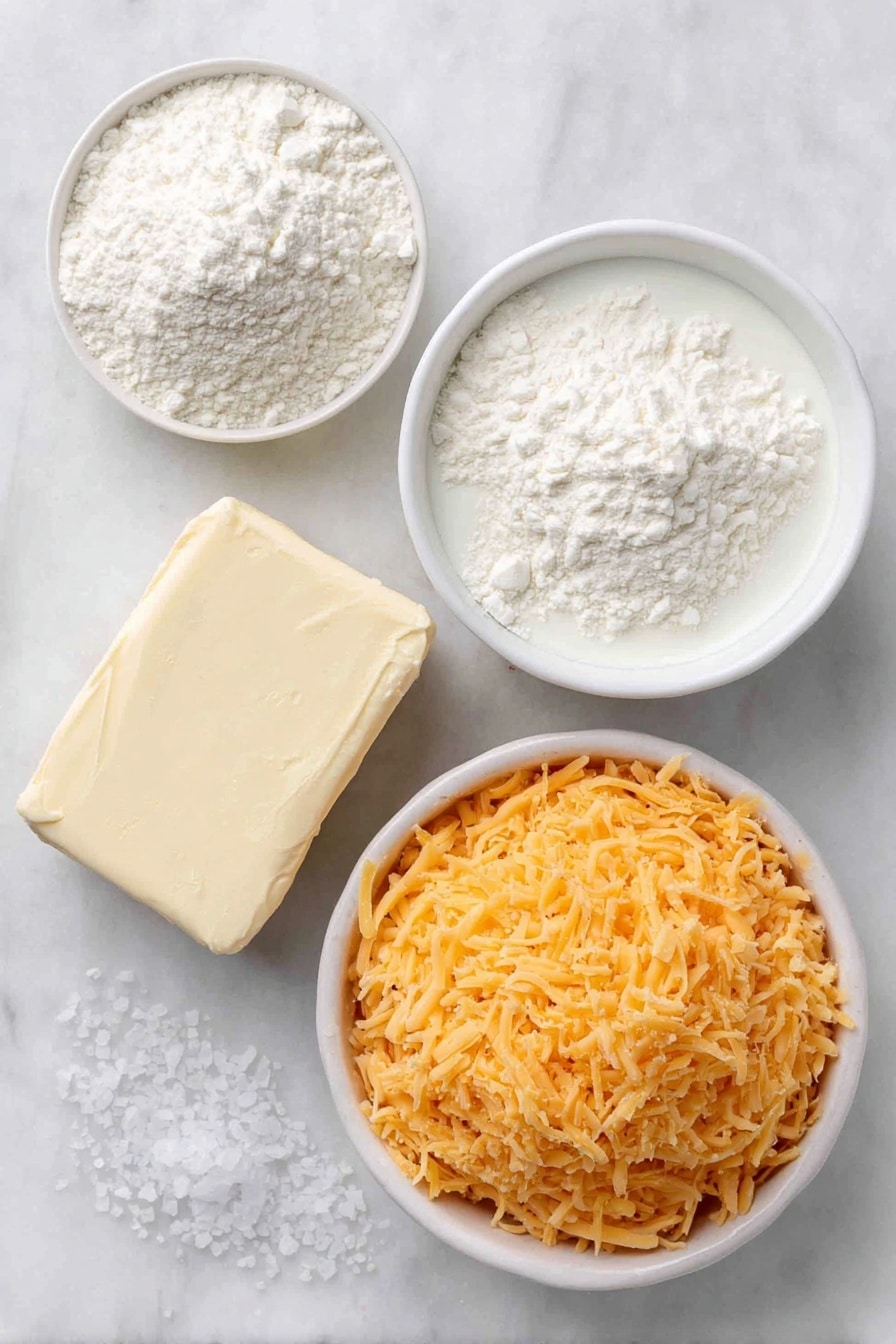 Cheddar Cheese Dip for Pretzels Recipe 7 Flat lay of a small cube of fresh butter, a small mound of white all-purpose flour, a small white ceramic bowl filled with whole milk, a small white ceramic bowl heaped with shredded bright orange cheddar cheese, and a few grains of coarse salt artfully scattered, all arranged in perfect symmetry on a clean white marble surface, soft natural light, photo taken with an iPhone, professional food photography style, fresh ingredients, white ceramic bowls, no bottles, no duplicates, no utensils, no packaging --ar 2:3 --v 7 --p m7354615311229779997 - Cheddar Cheese Dip for Pretzels, easy cheddar cheese dip, creamy pretzel dip recipe, cheesy snack dip, quick party dip