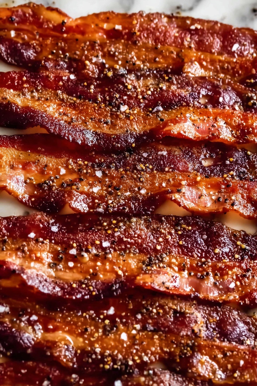 Crispy Candied Bacon with Spicy Glaze Recipe 6 The image shows several strips of cooked bacon laid out close to each other, covering the entire frame. Each strip has a glossy texture from the rendered fat, with a mix of dark brown and reddish-pink colors, showing crispy edges and softer parts. The bacon is speckled with coarse black pepper and small grains of salt, adding texture and detail. The background is a white marbled surface. Photo taken with an iphone --ar 2:3 --v 7 - Crispy Candied Bacon with Spicy Glaze, spicy candied bacon, sweet and spicy bacon, crispy bacon recipes, bacon appetizer ideas