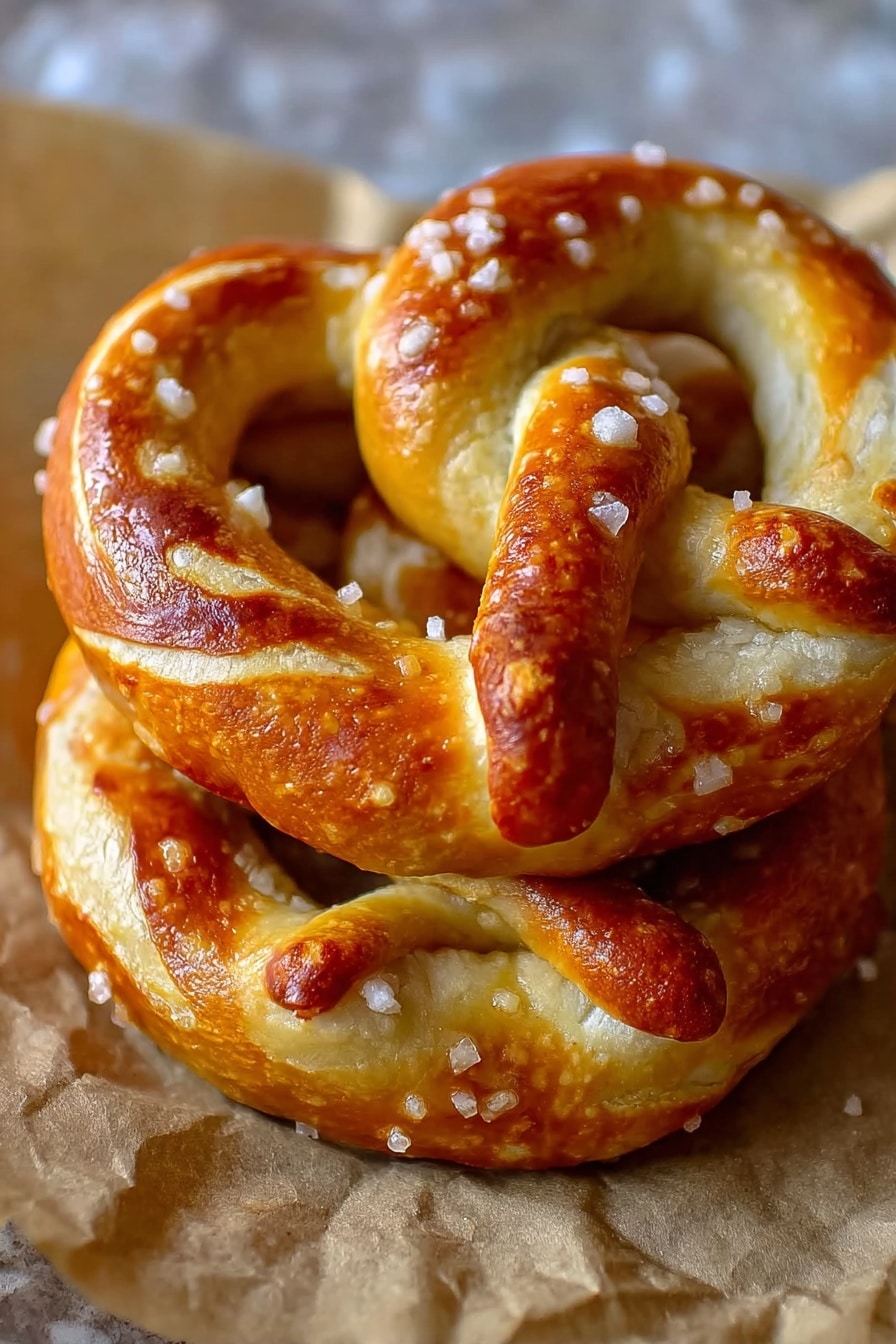 Easy Soft Pretzels Recipe 6 The image shows a close-up of a golden brown pretzel with a shiny, smooth surface sprinkled with coarse white salt crystals. The pretzel has a classic twisted shape with a plump, rounded body and two crossing arms, each with a slightly darker toasted tip. The texture looks soft and slightly puffy, with a mix of lighter and deeper golden brown areas that give it a freshly baked look. The pretzel sits on crumpled parchment paper, adding a rustic feel to the scene. photo taken with an iphone --ar 2:3 --v 7 - Easy Soft Pretzels, soft pretzels recipe, homemade pretzels, baking soft pretzels, bakery-style pretzels