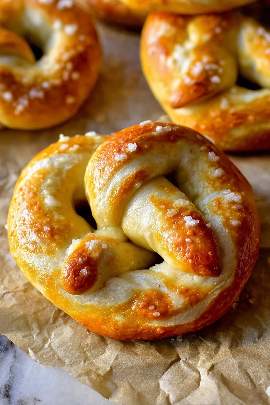 Easy Soft Pretzels Recipe 8 The image shows two soft pretzels stacked on brown paper with a white marbled surface in the background. Each pretzel has a light golden brown color with a shiny, slightly glazed texture and is sprinkled with coarse white salt. The pretzels have a typical twisted shape with smooth edges and small round knobs at the ends. The brown paper underneath adds a rough texture and rustic feel to the photo taken with an iphone --ar 2:3 --v 7 - Easy Soft Pretzels, soft pretzels recipe, homemade pretzels, baking soft pretzels, bakery-style pretzels