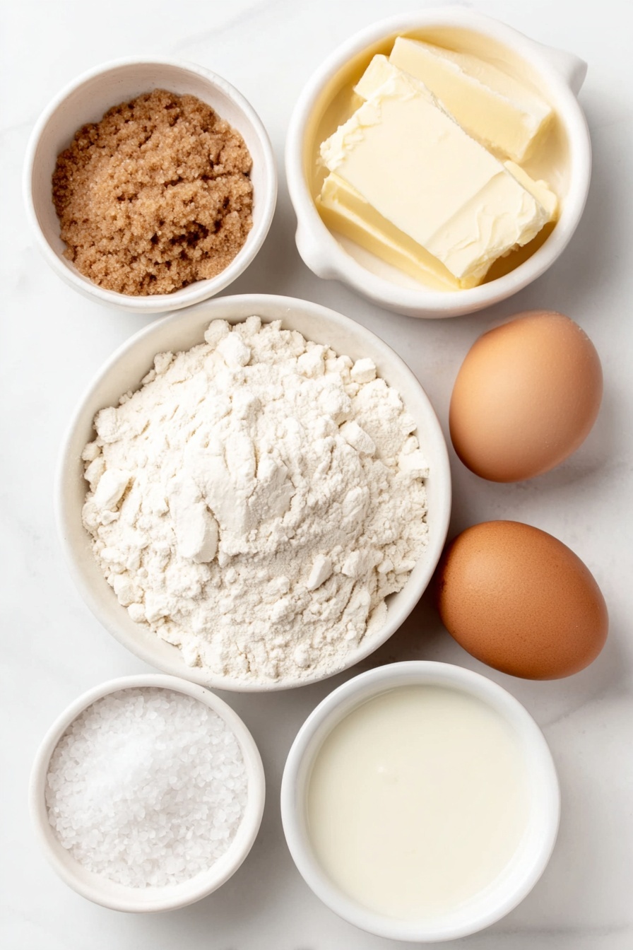 Buttery Soft Pretzel Bites Recipe 7 Flat lay of a small white ceramic bowl of warm milk, a small white ceramic bowl with golden brown sugar, a few fresh yeast granules scattered near a small white ceramic bowl, a mound of soft all-purpose flour on a simple white ceramic plate, a small white ceramic bowl of melted butter with a golden sheen, a small white ceramic bowl of fine sea salt crystals, a single large whole uncracked brown egg, a small white ceramic bowl of coarse pretzel salt, placed on a clean white marble surface, soft natural light, photo taken with an iPhone, professional food photography style, fresh ingredients, white ceramic bowls, no bottles, no duplicates, no utensils, no packaging --ar 2:3 --v 7 --p m7354615311229779997 - Buttery Soft Pretzel Bites, easy pretzel bites recipe, homemade pretzel snacks, soft pretzel bites how to, chewy buttery pretzels