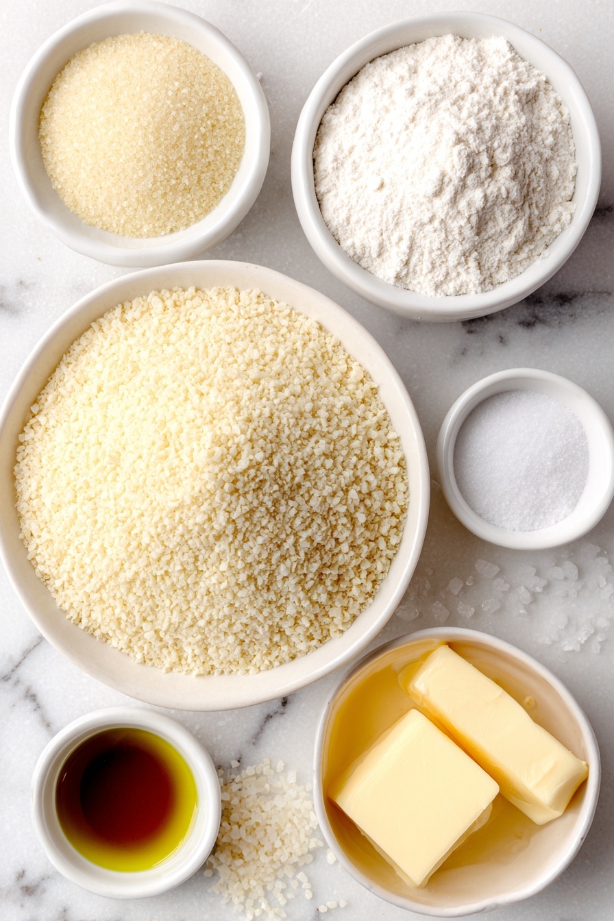 Homemade Soft Pretzels Recipe 7 Flat lay of two small piles of active dry yeast granules, a small white bowl with granulated sugar, a small white bowl filled with warm water, a mound of all-purpose flour dusted lightly, a few grains of kosher salt scattered neatly, a small white bowl of golden vegetable oil, a small white bowl of coarse salt crystals, a small white bowl holding melted butter, and a small white bowl with baking soda powder, placed on a clean white marble surface, soft natural light, photo taken with an iPhone, professional food photography style, fresh ingredients, white ceramic bowls, no bottles, no duplicates, no utensils, no packaging --ar 2:3 --v 7 --p m7354615311229779997 - Homemade Soft Pretzels, soft pretzels from scratch, how to make soft pretzels, easy pretzel recipe, homemade pretzels