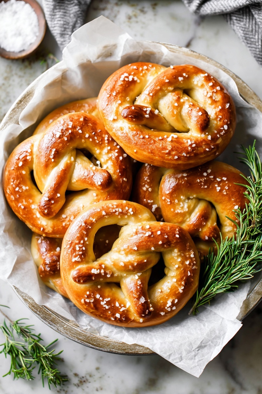 Homemade Soft Pretzels Recipe 6 A white round tray holds six shiny golden pretzels with a smooth and slightly glossy texture, each sprinkled with coarse salt granules. The pretzels are arranged layered on crumpled parchment paper that softens their display. On the right side of the tray, bright green rosemary sprigs add a pop of color and freshness to the warm tones of the pretzels. The surface beneath the tray is a white marbled texture, giving a clean and light background to the scene. photo taken with an iphone --ar 2:3 --v 7 - Homemade Soft Pretzels, soft pretzels from scratch, how to make soft pretzels, easy pretzel recipe, homemade pretzels
