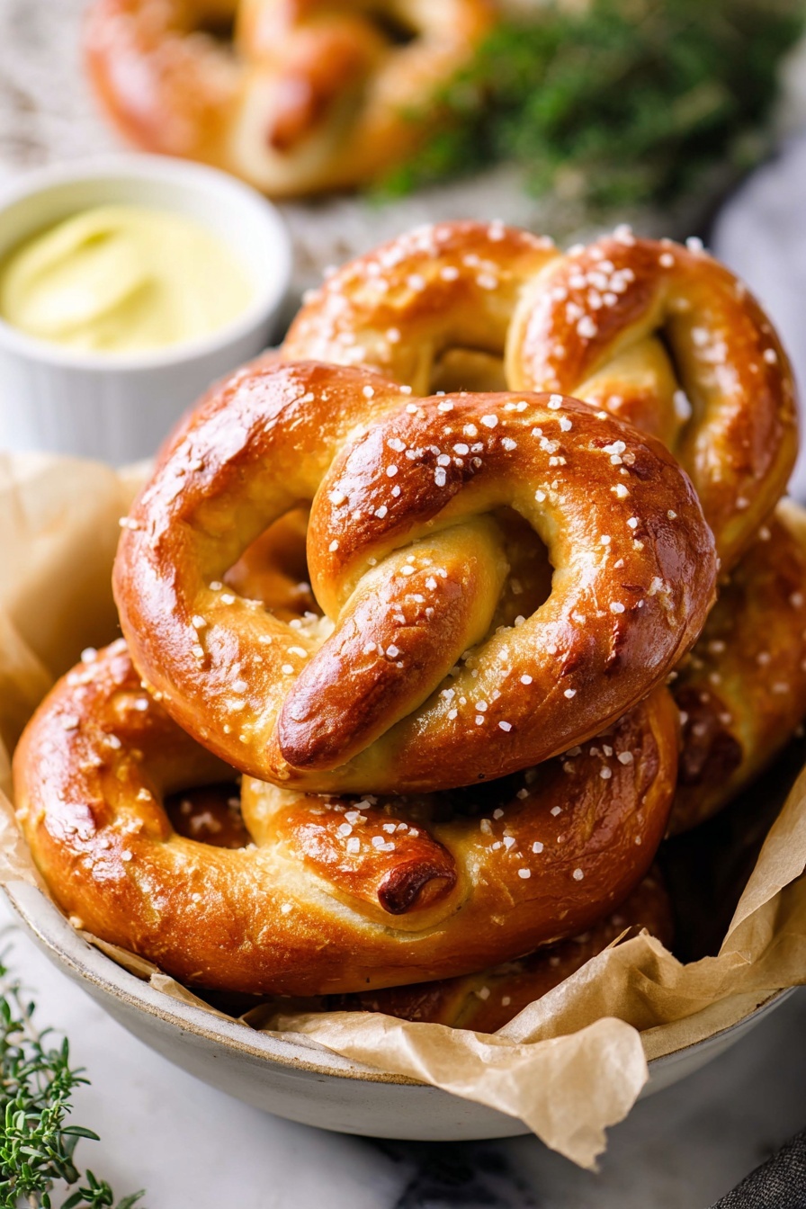 Homemade Soft Pretzels Recipe 8 The image shows a close-up of five shiny, golden brown pretzels stacked on top of each other in a white bowl lined with light brown parchment paper. Each pretzel has a smooth, glossy surface with a few coarse salt crystals sprinkled on top, giving texture and sparkle. The pretzels have a classic twisted shape with rounded, thick edges and a soft, slightly bumpy surface that looks soft inside. The background shows some green herbs softly blurred and a small white ramekin with a creamy yellow dip, all placed on a white marbled surface. photo taken with an iphone --ar 2:3 --v 7 - Homemade Soft Pretzels, soft pretzels from scratch, how to make soft pretzels, easy pretzel recipe, homemade pretzels