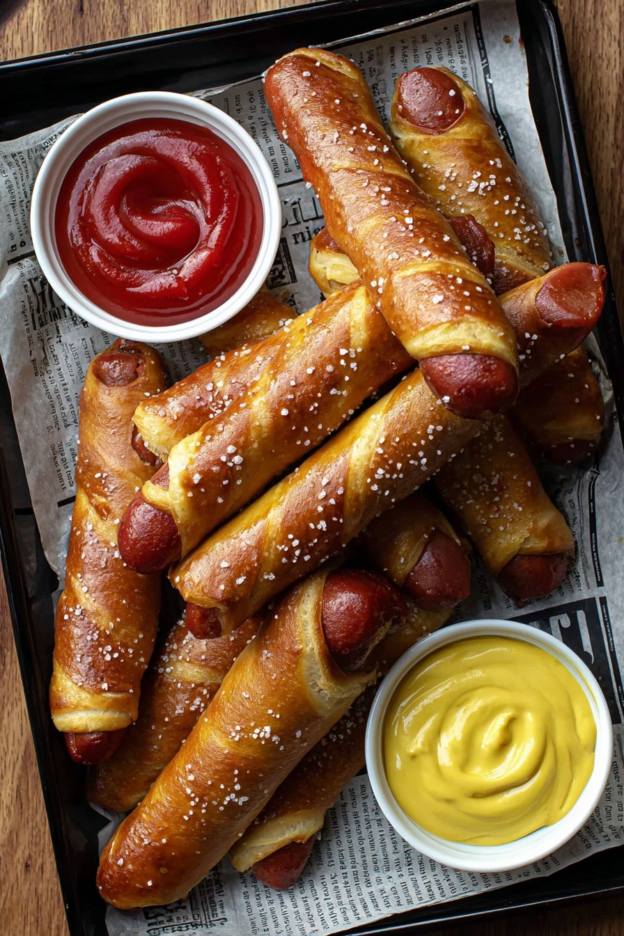 Cheesy Pretzel Dogs Recipe 8 A black tray lined with newspaper holds about ten pretzel-wrapped sausages stacked slightly unevenly, showing golden-brown dough with a smooth, shiny texture sprinkled with coarse salt. Two small white bowls are placed in the tray corners; the top left one has thick red ketchup with a glossy swirl on top, and the bottom right one contains creamy yellow mustard that is smooth with a little peak in the center. The tray sits on a wooden surface. Photo taken with an iphone --ar 2:3 --v 7 - Cheesy Pretzel Dogs, homemade pretzel dogs, sausage pretzel bites, cheesy snack recipes, game day snacks