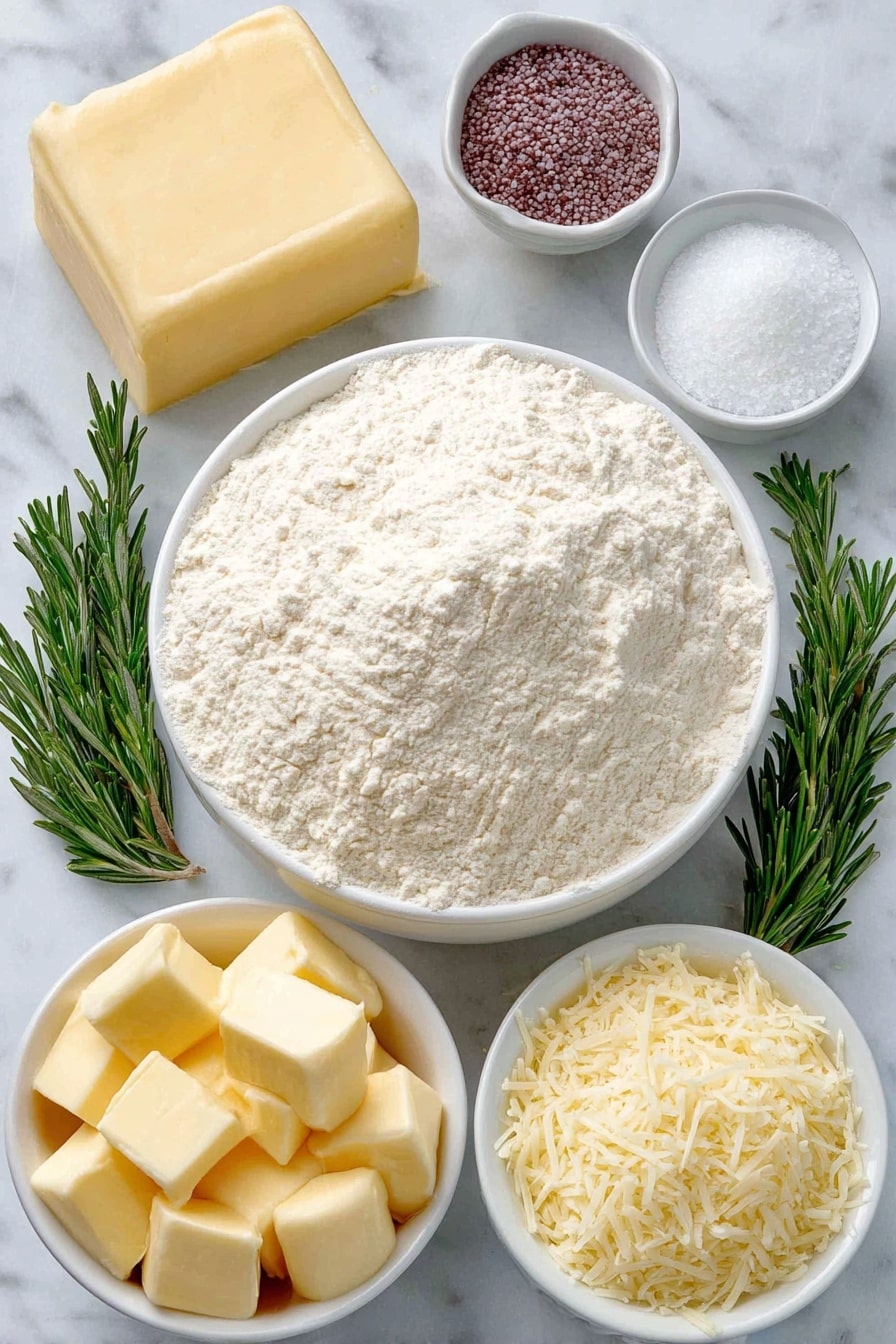 Mozzarella Stuffed Soft Pretzels Recipe 7 Flat lay of a mound of fluffy all-purpose flour, a small white bowl of active dry yeast granules, a small white bowl of warm water, a small white bowl containing granulated sugar, a small white bowl of fine salt, a small pile of fresh mozzarella cubes, a few sprigs of fresh rosemary with bright green leaves, a small white bowl filled with grated Parmesan cheese, a large white bowl of clear water, a small white bowl of coarse baking soda crystals, and a few loose fresh rosemary leaves for garnish—all arranged in perfect symmetry on a clean white marble surface, soft natural light, photo taken with an iPhone, professional food photography style, fresh ingredients, white ceramic bowls, no bottles, no duplicates, no utensils, no packaging --ar 2:3 --v 7 --p m7354615311229779997 - Mozzarella Stuffed Soft Pretzels, cheesy soft pretzels, homemade pretzels with mozzarella, soft pretzel recipe, cheesy snack ideas