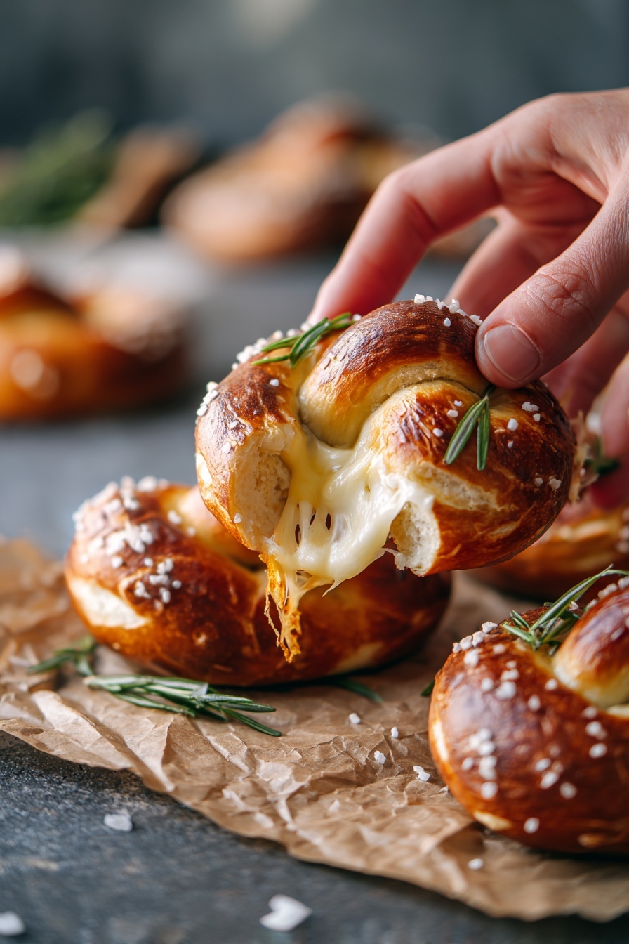 Mozzarella Stuffed Soft Pretzels Recipe 8 The image shows a close-up of three soft pretzels with a shiny, golden brown crust sprinkled with large grains of coarse salt. Each pretzel is thick and has a twisted, looped shape with a smooth, glossy surface. One pretzel in the front has creamy, melted cheese oozing out from a tear in the dough, with small green rosemary leaves scattered on top and around. The pretzels rest on crumpled parchment paper, which sits on a dark gray surface beneath, and some salt grains and rosemary leaves are scattered around. photo taken with an iphone --ar 2:3 --v 7 - Mozzarella Stuffed Soft Pretzels, cheesy soft pretzels, homemade pretzels with mozzarella, soft pretzel recipe, cheesy snack ideas