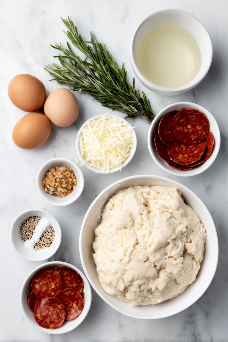 Best Homemade Pretzel Twists with Toppings Recipe 7 Flat lay of a small mound of pale pretzel dough, a small white bowl of warm water, two brown whole eggs with clean shells, a few fresh rosemary sprigs, a cluster of garlic cloves, a small white bowl of melted butter, a small white bowl of grated Parmesan cheese, a small white bowl of cinnamon sugar mixture with visible cinnamon specks, small piles of poppy seeds and sesame seeds, small piles of dried garlic flakes and dried onion flakes, a small white bowl of coarse sea salt, thin slices of mini pepperoni arranged neatly, thin slices of fresh mozzarella cheese, all ingredients placed with perfect symmetry on a clean white ceramic surface, placed on a clean white marble surface, soft natural light, photo taken with an iPhone, professional food photography style, fresh ingredients, white ceramic bowls, no bottles, no duplicates, no utensils, no packaging --ar 2:3 --v 7 --p m7354615311229779997 - Best Homemade Pretzel Twists with Toppings, homemade pretzel twists, soft pretzel twists recipe, pretzel snack ideas, easy pretzel toppings