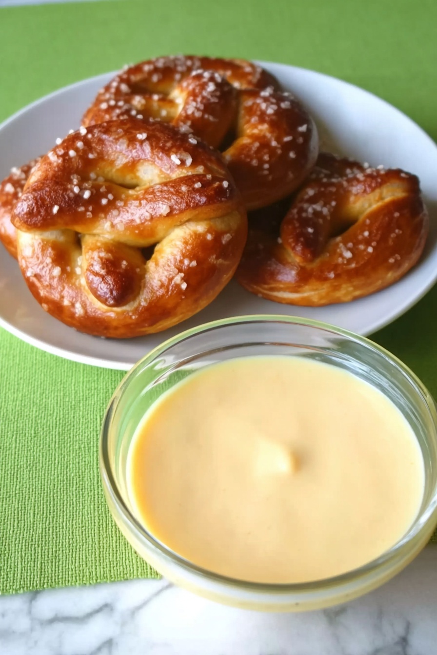 Homemade Pretzels with Cheddar Dipping Sauce Recipe 8 The image shows three golden brown pretzels with a shiny, slightly crispy texture and sprinkled with coarse salt, placed together on a plain white plate. In the foreground, there is a clear glass bowl filled with smooth, creamy light yellow cheese sauce. Both the plate and bowl are set on a bright green textured surface, contrasted by a white marbled background. photo taken with an iphone --ar 2:3 --v 7 - Homemade Pretzels with Cheddar Dipping Sauce, soft pretzel recipe, easy pretzels with cheese dip, homemade pretzels with cheddar sauce, chewy pretzels and cheddar dip