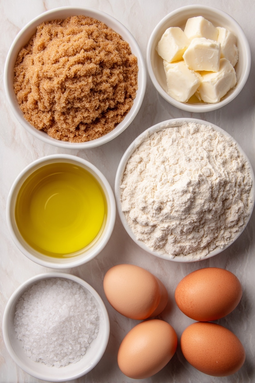 German Soft Pretzel Sticks Recipe 7 Flat lay of a small white ceramic bowl filled with light brown sugar, a small white ceramic bowl of warm clear water, a few plump, creamy whole eggs with uncracked shells, a small white ceramic bowl holding a golden vegetable oil, a neat pile of soft all-purpose flour, a small white ceramic bowl of coarse sea salt crystals, and a small white ceramic bowl containing white baking soda crystals, all arranged symmetrically on a clean white marble surface, soft natural light, photo taken with an iPhone, professional food photography style, fresh ingredients, white ceramic bowls, no bottles, no duplicates, no utensils, no packaging --ar 2:3 --v 7 --p m7354615311229779997 - German Soft Pretzel Sticks, soft pretzel sticks recipe, homemade pretzel sticks, salty pretzel snacks, chewy pretzel sticks