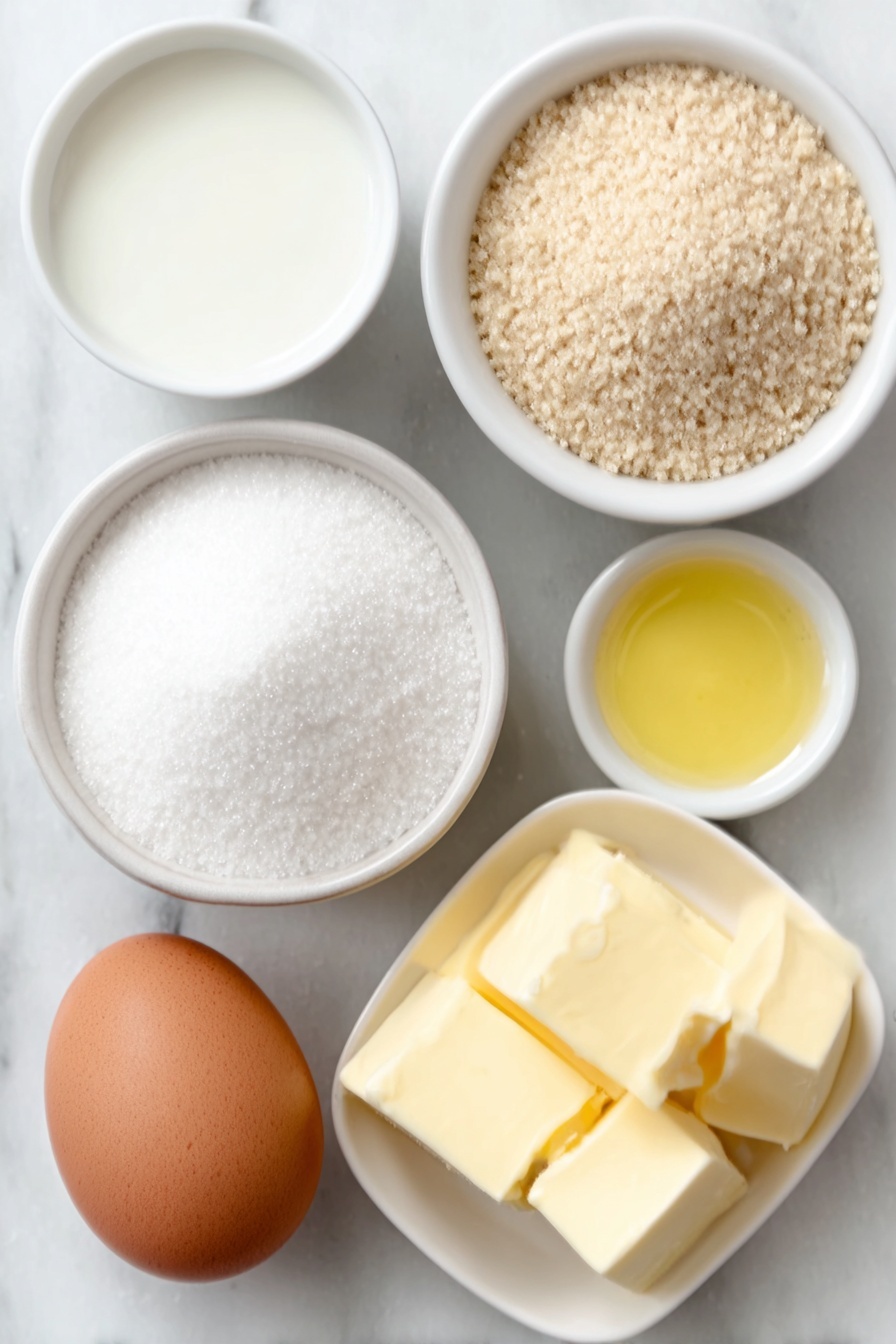 Fluffy Homemade Dinner Rolls Recipe 7 Flat lay of a small white ceramic bowl of whole milk, a small white ceramic bowl of clear water, a small white ceramic bowl filled with white granulated sugar, a small white ceramic bowl containing light beige active dry yeast granules, one large whole brown egg with a clean shell, a small white ceramic bowl of fine white all-purpose flour, several small cubes of pale unsalted butter arranged neatly on a white ceramic plate, a small white ceramic bowl holding smooth melted golden butter, placed on a clean white marble surface, soft natural light, photo taken with an iPhone, professional food photography style, fresh ingredients, white ceramic bowls, no bottles, no duplicates, no utensils, no packaging --ar 2:3 --v 7 --p m7354615311229779997 - Fluffy Homemade Dinner Rolls, soft dinner rolls, easy bread recipe, homemade dinner rolls, perfect dinner rolls