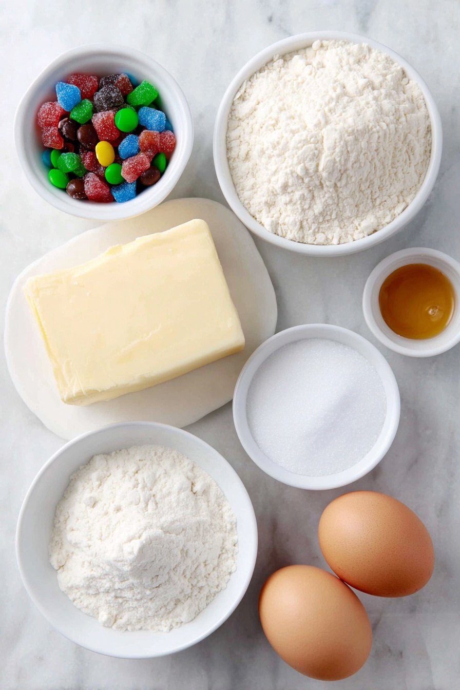 Stained Glass Cookies with Jolly Ranchers Recipe 7 Flat lay of a small pile of vibrant crushed hard candies in red, green, and blue hues, a softened stick of pale yellow unsalted butter block, a small white ceramic bowl filled with granulated white sugar, two whole brown eggs with clean smooth shells, a small white ceramic bowl of fine white all-purpose flour, a tiny white ceramic bowl containing clear vanilla extract, and a pinch of coarse salt crystals on the side, all arranged symmetrically and naturally on a simple white ceramic plate and bowls, placed on a clean white marble surface, soft natural light, photo taken with an iPhone, professional food photography style, fresh ingredients, white ceramic bowls, no bottles, no duplicates, no utensils, no packaging --ar 2:3 --v 7 --p m7354615311229779997 - Stained Glass Cookies with Jolly Ranchers, holiday stained glass cookies, colorful cookie ideas, easy holiday cookies, Christmas cookie decorations