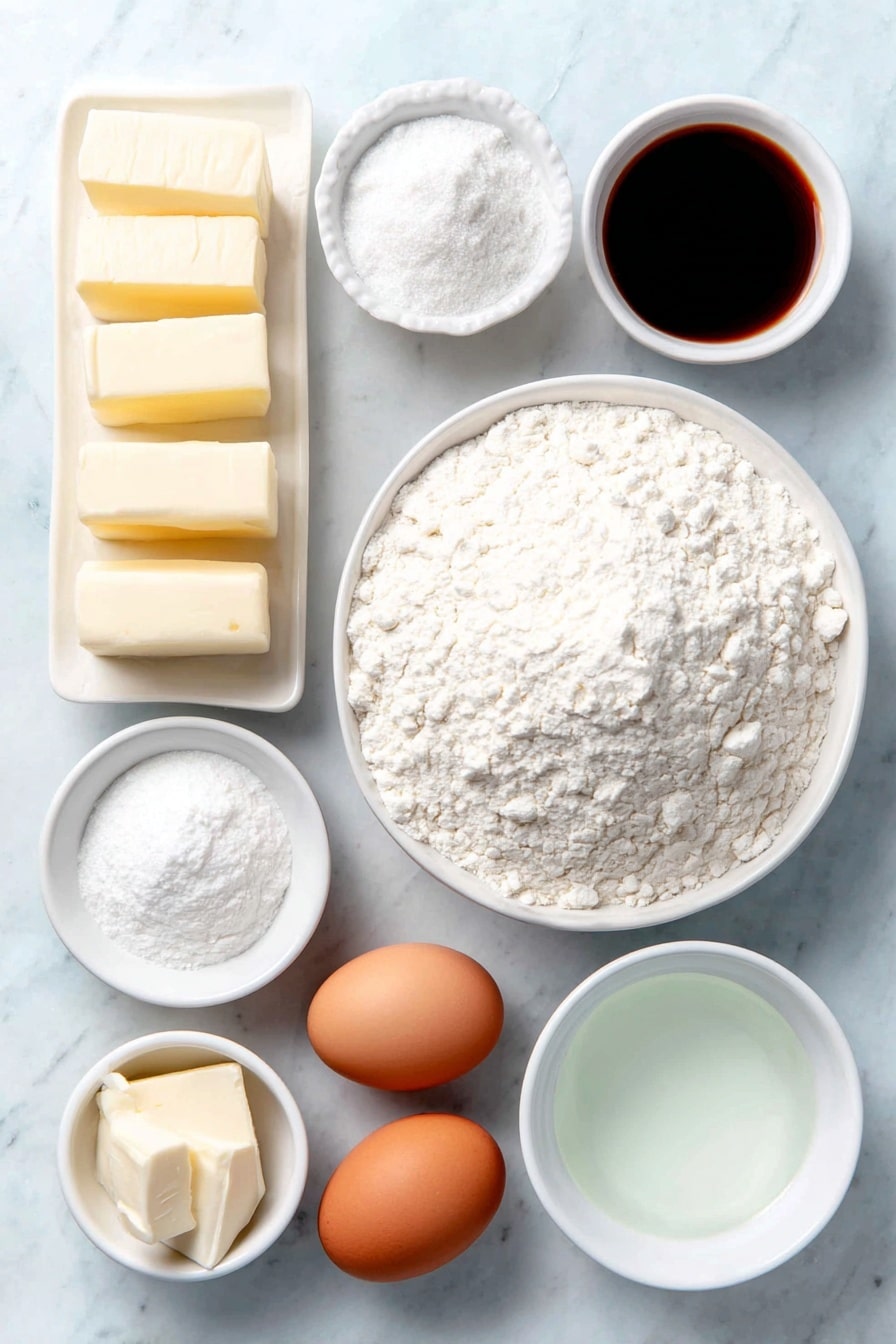 Christmas Lights Sugar Cookies Recipe 7 Flat lay of a large mound of all purpose flour, two teaspoons of baking powder in a small white bowl, two teaspoons of salt in a small white bowl, four sticks of unsalted butter with a smooth creamy texture, a white ceramic bowl filled with granulated sugar, two whole brown eggs with clean shells, a small white bowl containing pure vanilla extract, a large white bowl heaped with powdered sugar, a small white bowl with meringue powder, a small white bowl of clear water placed neatly in symmetry, several small white bowls each containing different colors of gel food coloring, all ingredients arranged in perfect balance and symmetry on a clean white marble surface, soft natural light, photo taken with an iPhone, professional food photography style, fresh ingredients, white ceramic bowls, no bottles, no duplicates, no utensils, no packaging --ar 2:3 --v 7 --p m7354615311229779997 - Christmas Lights Sugar Cookies, festive Christmas cookie recipe, holiday decorating cookies, colorful icing sugar cookies, easy Christmas cookie ideas