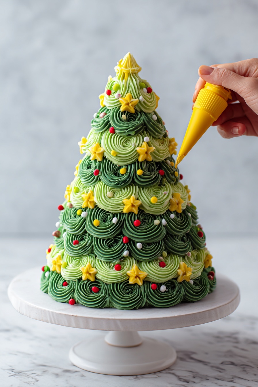 Christmas Tree Spice Cake Recipe 6 A tall cone-shaped cake decorated like a Christmas tree sits on a white cake stand with a shiny silver top, placed on a white marbled surface. The cake's frosting is thick and piped in large and small swirls in two shades of green, dark and light, covering the whole cake. Small red round dots resembling berries and tiny yellow and white star shapes are evenly scattered across the frosting. A slice of the cake is on a white ribbed plate next to it, showing three green cake layers separated by thin white frosting layers, with green frosting on the outside. Around the cake stand, there are three piping bags with red, yellow, and light green frosting inside. The background is a kitchen scene with wooden cabinets and a white marbled wall. Photo taken with an iphone --ar 2:3 --v 7 - Christmas Tree Spice Cake, festive spice cake, holiday marble cake, Christmas birthday cake, holiday dessert recipes