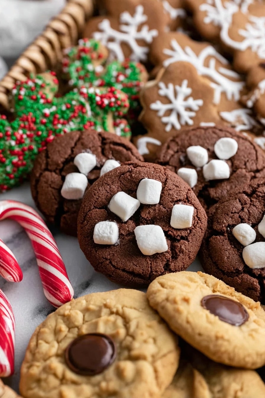 Gingerbread Snowflake Cookies Recipe 6 The image shows a close-up of many cookies arranged together. In the front center, there are round chocolate cookies with white marshmallows on top, thick and slightly cracked in texture. In front of these, there are peanut butter cookies with a smooth surface and a single large chocolate drop in the middle of each. To the back left, a red and white striped mini candy cane rests among some decorated sugar cookies with green and red sprinkles. Behind the chocolate cookies, there are large brown gingerbread cookies decorated with white icing in snowflake and branch patterns. The whole scene is on a white marbled surface with part of a woven basket visible at the top. photo taken with an iphone --ar 2:3 --v 7 - Gingerbread Snowflake Cookies, holiday gingerbread cookies, festive cookie recipes, Christmas decorated cookies, winter holiday treats