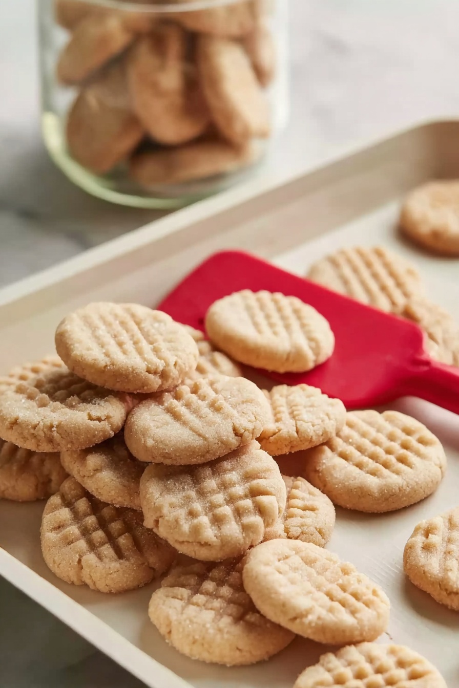 Mini Sugar Cookies Recipe 8 The image shows a group of small, round cookies with a light golden color and a slightly rough texture, each with a shallow grid pattern on top. They are stacked and scattered on a white tray with some piled on a red spatula positioned slightly to the left of the center. The tray sits on a white marbled surface, and there is a blurry glass container with more cookies in the background. photo taken with an iphone --ar 2:3 --v 7 - Mini Sugar Cookies, Easy Mini Sugar Cookies, Soft Sugar Cookies, Bite-sized Sugar Cookies, Homemade Mini Cookies