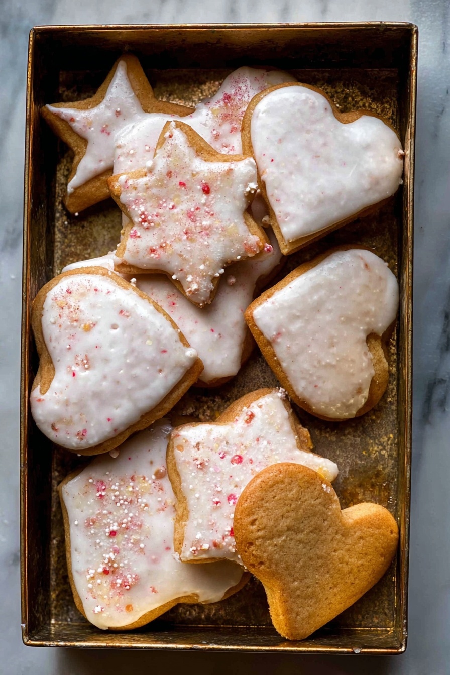 Lebkuchen Cookies with Spiced Honey Glaze Recipe 8 The image shows a baking tray lined with light gray parchment paper holding nine heart-shaped cookies. Each cookie is covered with a smooth, white icing layer that has a slightly shiny texture. Two cookies in the lower left corner have red sugar crystals sprinkled on top of the icing, adding a rough red texture. The cookies are arranged neatly with some touching each other. In the upper right corner of the tray, there is a curled orange peel, bright orange in color and textured. The entire scene rests on a white marbled surface. photo taken with an iphone --ar 2:3 --v 7 - Lebkuchen Cookies with Spiced Honey Glaze, German gingerbread cookies, holiday spiced cookies, homemade Lebkuchen recipe, festive honey glazed cookies