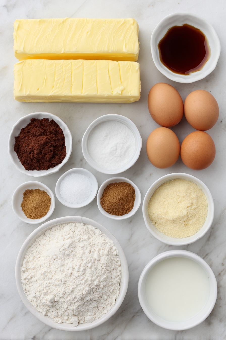 Gingerbread Man Cookies Recipe 7 Flat lay of two sticks of slightly softened butter, a small mound of dark brown sugar, a small white bowl filled with rich molasses, a small white bowl of vanilla extract, a white ceramic bowl heaped with all-purpose flour, a small pile of kosher salt crystals, small piles of ground ginger, ground cinnamon, ground cloves, and ground allspice each neatly arranged, three whole uncracked brown eggs, a small white bowl of powdered sugar, and a small white bowl containing warm water, all placed on a clean white marble surface, soft natural light, photo taken with an iPhone, professional food photography style, fresh ingredients, white ceramic bowls, no bottles, no duplicates, no utensils, no packaging --ar 2:3 --v 7 --p m7354615311229779997 - Gingerbread Man Cookies, gingerbread cookies recipe, holiday cookie recipes, Christmas baking ideas, festive cookies