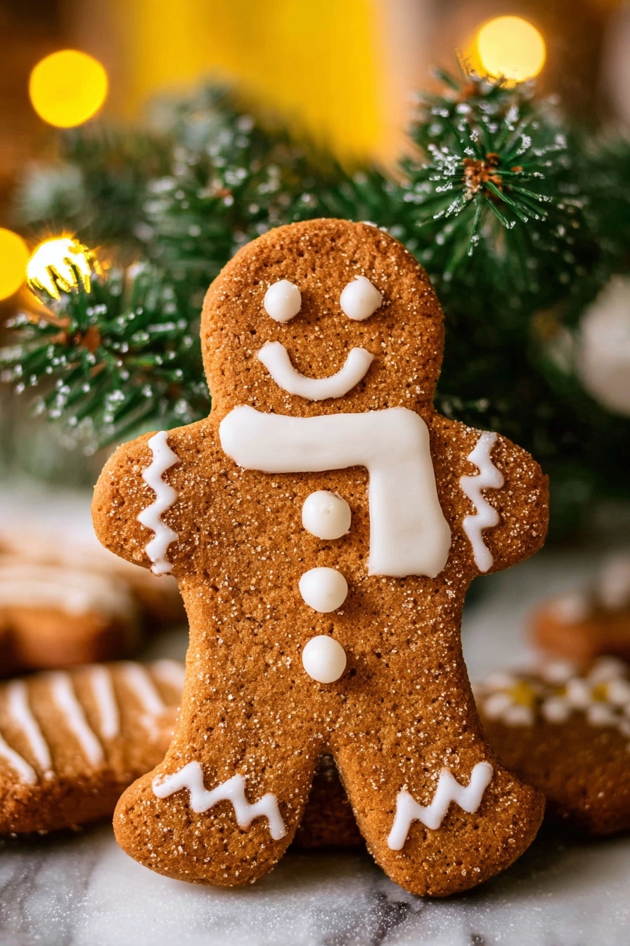 Gingerbread Man Cookies Recipe 8 A close-up of a gingerbread cookie shaped like a person, standing upright on top of other cookies. The cookie is brown with a rough texture and decorated with white icing showing a smiling face, scarf, buttons, and lines on the arms and legs. Behind the cookie, there is a green pine branch with snow-like specks, and the background has warm yellow lights that create a cozy feeling. The cookies rest on a white marbled surface. photo taken with an iphone --ar 2:3 --v 7 - Gingerbread Man Cookies, gingerbread cookies recipe, holiday cookie recipes, Christmas baking ideas, festive cookies