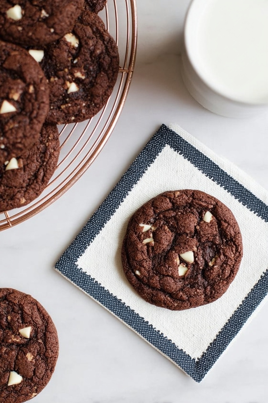 Hot Chocolate Cookies Recipe 6 A round dark brown chocolate cookie with small white chocolate pieces is placed on a white napkin with white stitching, set on a white marbled surface. Next to it, a white cup filled with milk is partially visible. On the left side, a rose gold wire cooling rack holds several more similar cookies stacked closely together, showing their cracked texture and scattered white pieces. The overall setting is clean and minimal, with soft natural light. photo taken with an iphone --ar 2:3 --v 7 - Hot Chocolate Cookies, hot chocolate cookies recipe, cozy chocolate cookies, marshmallow cookies, easy hot cocoa cookies