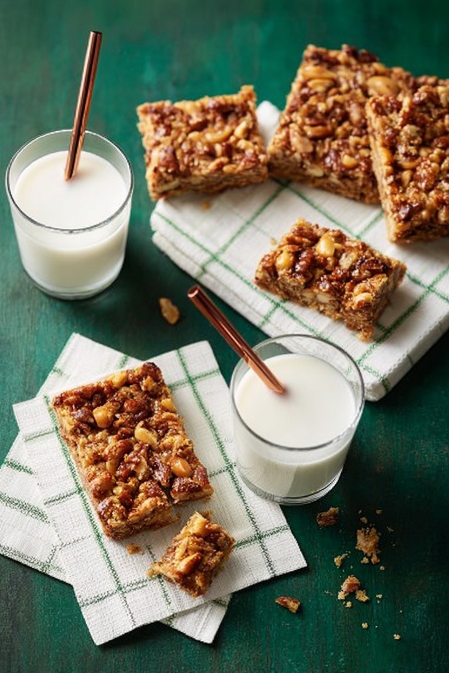 Chocolate Toffee Pecan Bread Pudding Bars Recipe 6 The image shows four square nut bars with a rough textured top full of mixed nuts in brown shades, placed on white napkins with green stripes, on a dark green surface. Two bars are whole, one is laid flat showing its toasted nut topping and dense interior, while another is broken in pieces revealing a lighter golden-brown inside with nut chunks. Two clear round glasses filled with white milk each have a copper straw. Some crumbs are scattered around the bars. Photo taken with an iphone --ar 2:3 --v 7 - Chocolate Toffee Pecan Bread Pudding Bars, decadent dessert bars, easy chocolate pecan bars, caramel bread pudding bars, homemade dessert recipes