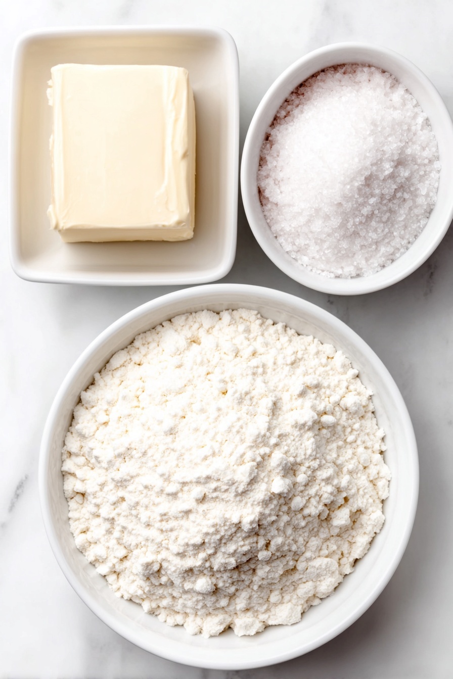 Easy Shortbread Cookies Recipe 7 Flat lay of a small square of unsalted butter with a soft creamy texture, a small white ceramic bowl filled with granulated sugar crystals, a small white ceramic bowl of fine all-purpose flour, and a small white ceramic bowl holding powdery confectioners’ sugar, all arranged in perfect symmetry, placed on a clean white marble surface, soft natural light, photo taken with an iPhone, professional food photography style, fresh ingredients, white ceramic bowls, no bottles, no duplicates, no utensils, no packaging --ar 2:3 --v 7 --p m7354615311229779997 - Easy Shortbread Cookies, buttery shortbread cookies, simple shortbread recipe, crumbly shortbread cookies, homemade shortbread cookies