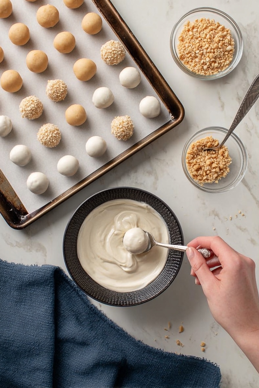 Peanut Butter Snowballs Recipe 8 The image shows small round balls on white parchment paper on two baking trays placed on a white marbled surface. The balls are arranged in rows, with one tray holding light tan balls and the other tray holding balls covered in a smooth white coating. Some of the white-coated balls are topped with crushed nuts. In the center, a black textured bowl contains a thick white creamy coating, with a woman's hand holding a spoon that lifts one ball coated in white cream from the bowl. Nearby, a small transparent bowl holds crushed nuts. A dark blue cloth is partially visible under one baking tray. photo taken with an iphone --ar 2:3 --v 7 - Peanut Butter Snowballs, no-bake dessert, holiday treats, easy peanut butter candies, Christmas snowball sweets