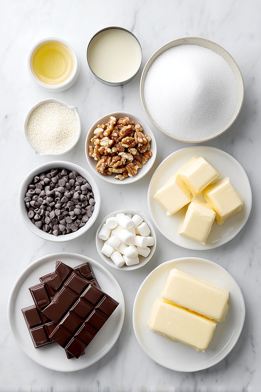 Decadent Christmas Fudge Recipe 7 Flat lay of granulated sugar in a small white ceramic bowl, a can of evaporated milk open with the milk poured into a small white bowl, a few cubes of fresh butter on a white ceramic plate, a small white bowl filled with smooth milk chocolate chips, a small white bowl of miniature white marshmallows, chopped pieces of unsweetened dark chocolate neatly arranged on a white ceramic plate, toasted chopped walnuts in a small white bowl, a small white bowl holding clear vanilla extract, melted white baking chocolate in a small white bowl, all placed in perfect symmetry on a clean white marble surface, soft natural light, photo taken with an iPhone, professional food photography style, fresh ingredients, white ceramic bowls, no bottles, no duplicates, no utensils, no packaging --ar 2:3 --v 7 --p m7354615311229779997 - Decadent Christmas Fudge, Christmas fudge recipe, holiday fudge recipes, festive holiday treats, easy Christmas fudge