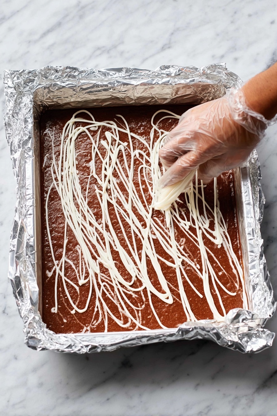 Decadent Christmas Fudge Recipe 8 A rectangular metal pan lined with shiny foil holds a thick layer of rich brown batter with a slightly rough texture. A woman's hand wearing a clear plastic glove is seen from the top right, delicately piping thin, irregular white lines of creamy frosting over the surface in a random pattern. The pan is set on a white marbled surface, helping highlight the contrast between the dark brown batter and the bright white frosting. photo taken with an iphone --ar 2:3 --v 7 - Decadent Christmas Fudge, Christmas fudge recipe, holiday fudge recipes, festive holiday treats, easy Christmas fudge