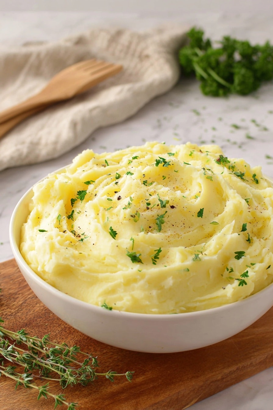 Garlic Herb Mashed Potatoes Recipe 6 A white bowl filled with light yellow mashed potatoes, shaped with soft peaks and swirls on the surface. The top is sprinkled with small green parsley leaves and tiny black pepper specks. The bowl is placed on a wooden board, with fresh green herbs and a beige cloth with a wooden spatula in the blurry background, all set on a white marbled surface. Photo taken with an iphone --ar 2:3 --v 7 - Garlic Herb Mashed Potatoes, flavorful mashed potatoes, creamy garlic mashed potatoes, herb-infused side dishes, gourmet mashed potato recipe