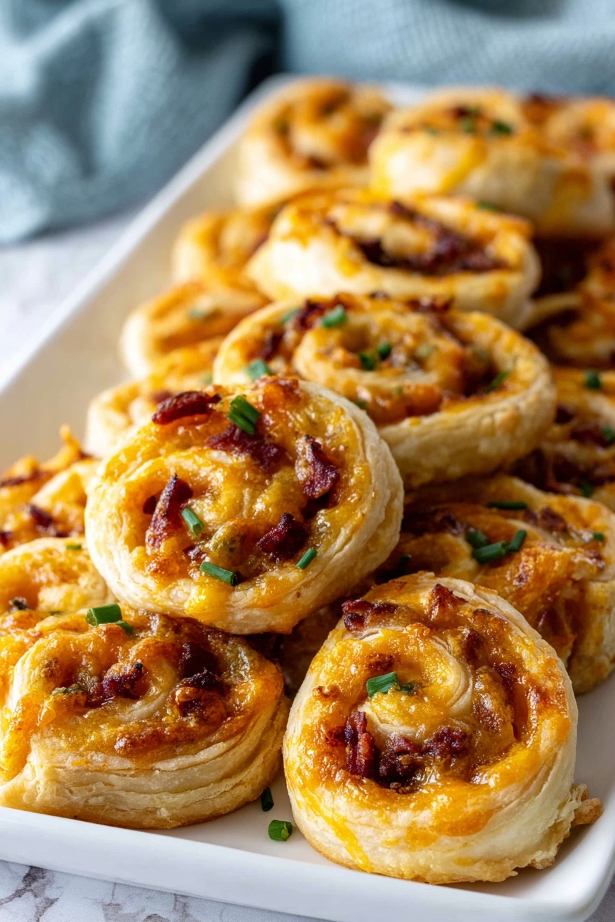 Salami and Cheese Puff Pastry Pinwheels Recipe 6 The image shows a white rectangular plate filled with small round puff pastry pinwheels arranged in rows. Each pinwheel has three visible layers: a flaky, golden-brown outer dough swirl, a bright orange melted cheese layer in the middle, and small pieces of dark red meat scattered on top of the cheese. Tiny green chive pieces are sprinkled over the pinwheels and plate, adding contrast. The background features a white marbled texture with a soft blue cloth slightly blurred in the far back. The pinwheels look crispy and warm, with the cheese bubbling in places. photo taken with an iphone --ar 2:3 --v 7 - Salami and Cheese Puff Pastry Pinwheels, savory appetizer ideas, easy snack recipes, cheesy puff pastry snacks, party appetizer recipes