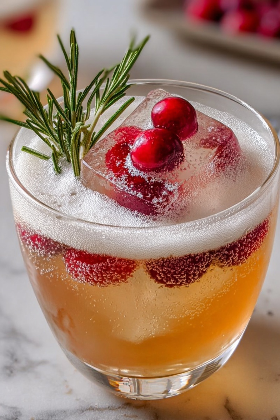 Mistletoe Snowflake Cranberry Champagne Recipe 8 A glass filled with a light amber bubbly liquid forms the base layer, topped by a thick white foam layer that covers most of the drink's surface. Floating in the center is a clear ice cube with bright red cranberries inside and on top, garnished with a small sprig of dark green rosemary. One single cranberry sits just above the foam close to the glass edge. The glass has a smooth, clear texture with a rounded rim, all positioned on a white marbled surface. Photo taken with an iphone --ar 2:3 --v 7 - Mistletoe Snowflake Cranberry Champagne, festive holiday drinks, sparkling cranberry cocktail, holiday champagne recipes, winter party cocktails