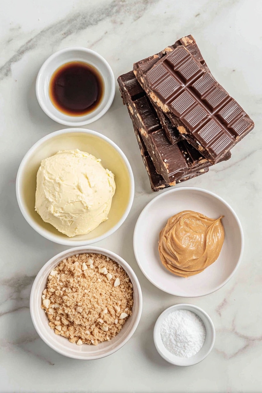 Chocolate Peanut Butter Butterfinger Balls Recipe 7 Flat lay of a small mound of softened butter, a small white bowl of vanilla extract, a simple white bowl filled with glossy dark chocolate bark pieces, a small white bowl containing crushed Butterfinger bars with golden caramel and peanuts visible, a small white bowl of fine powdered sugar, a smooth dollop of creamy peanut butter on a white ceramic plate, a small white bowl holding light brown graham cracker crumbs, all arranged in perfect symmetry on a clean white marble surface, soft natural light, photo taken with an iPhone, professional food photography style, fresh ingredients, white ceramic bowls, no bottles, no duplicates, no utensils, no packaging --ar 2:3 --v 7 --p m7354615311229779997 - Chocolate Peanut Butter Butterfinger Balls, peanut butter truffles with Butterfinger, no-bake chocolate candy bites, easy peanut butter dessert, crunchy chocolate dessert