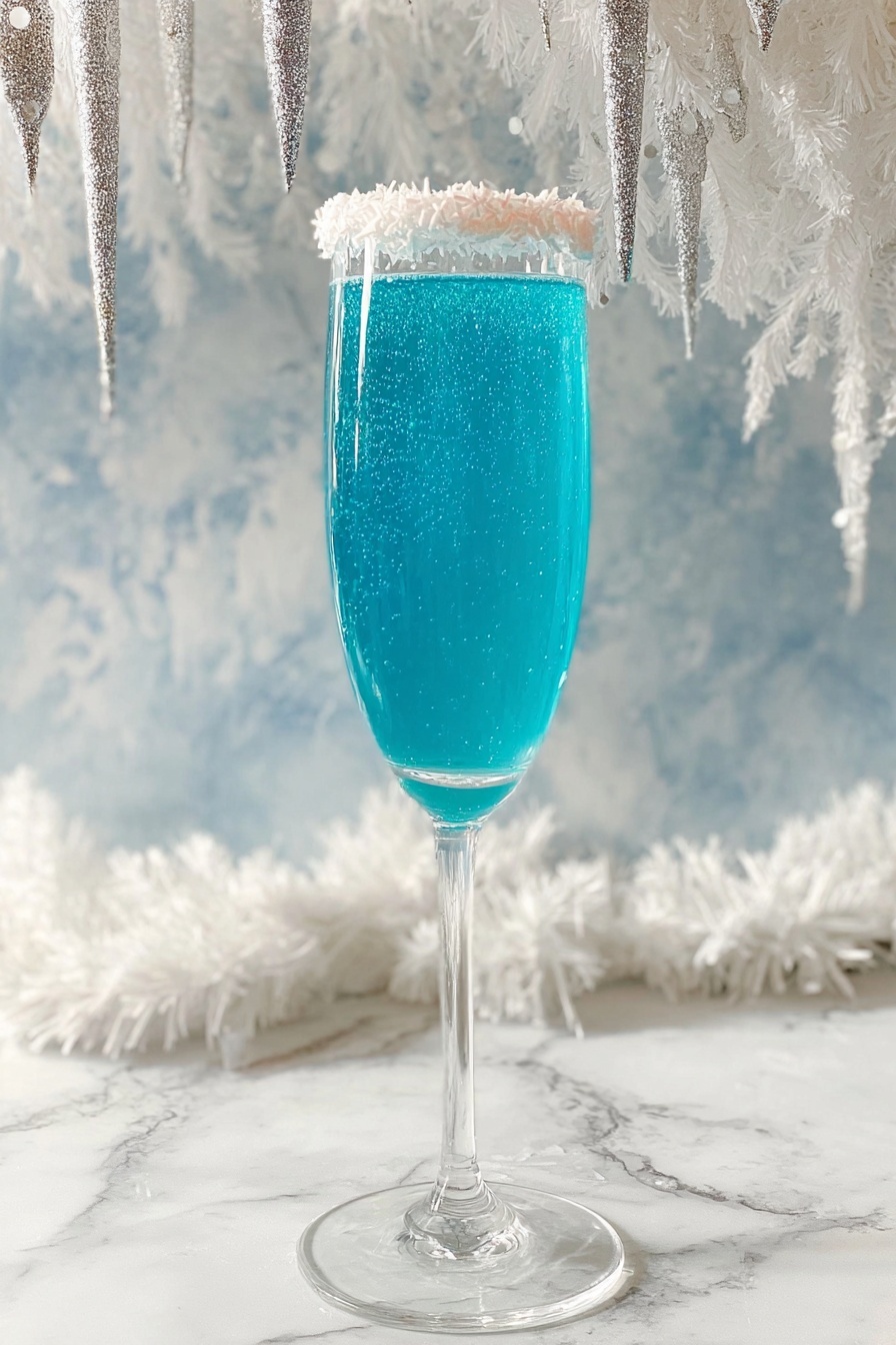 Blue Curacao Champagne Mimosa Recipe 8 A tall clear glass flute filled with a bright blue sparkling drink that has small bubbles visible inside. The rim of the glass is coated with a layer of white shredded coconut flakes. The glass stands on a white marbled surface with a background of soft, fluffy white decorations and icicle-shaped ornaments hanging above. The lighting makes the blue drink look fresh and vibrant. photo taken with an iphone --ar 2:3 --v 7 - Blue Curacao Champagne Mimosa, Blue Curacao cocktail, brunch cocktail recipes, festive champagne drinks, colorful mimosa recipes