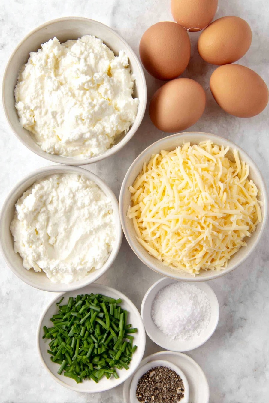 Cheddar Egg Bites Recipe 7 Flat lay of eight whole uncracked brown eggs, a small white ceramic bowl of fresh creamy cottage cheese, a small white ceramic bowl filled with shredded sharp cheddar cheese, a small white ceramic bowl holding fine white salt, a small white ceramic bowl with fresh cracked black pepper, and a small pile of roughly chopped bright green fresh chives arranged neatly, placed on a clean white marble surface, soft natural light, photo taken with an iPhone, professional food photography style, fresh ingredients, white ceramic bowls, no bottles, no duplicates, no utensils, no packaging --ar 2:3 --v 7 --p m7354615311229779997 - Cheddar Egg Bites, quick breakfast recipes, protein-packed egg bites, cheesy breakfast ideas, easy morning egg bites