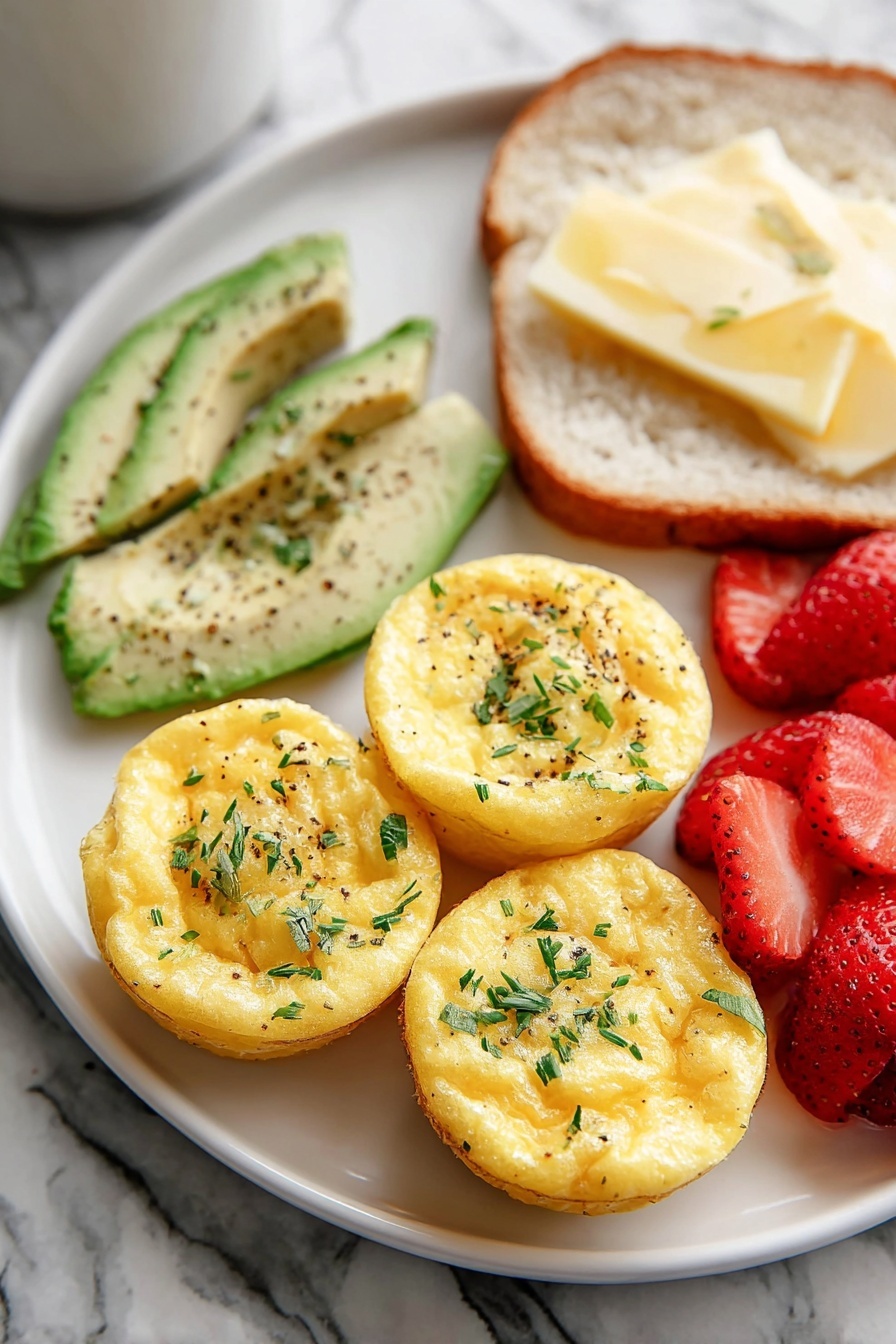 Cheddar Egg Bites Recipe 6 A white plate with three small, round yellow egg muffins sprinkled with small green herb pieces on top is placed near the center. Next to the egg muffins on the left are five sliced light green avocado pieces arranged in a fan shape with some black pepper sprinkled over them. Behind the avocados, there is a single slice of white bread with melted light yellow butter spread on top. In the upper-right corner of the plate, there is a small pile of bright red, halved strawberries. The plate is set on a white marbled surface. photo taken with an iphone --ar 2:3 --v 7 - Cheddar Egg Bites, quick breakfast recipes, protein-packed egg bites, cheesy breakfast ideas, easy morning egg bites