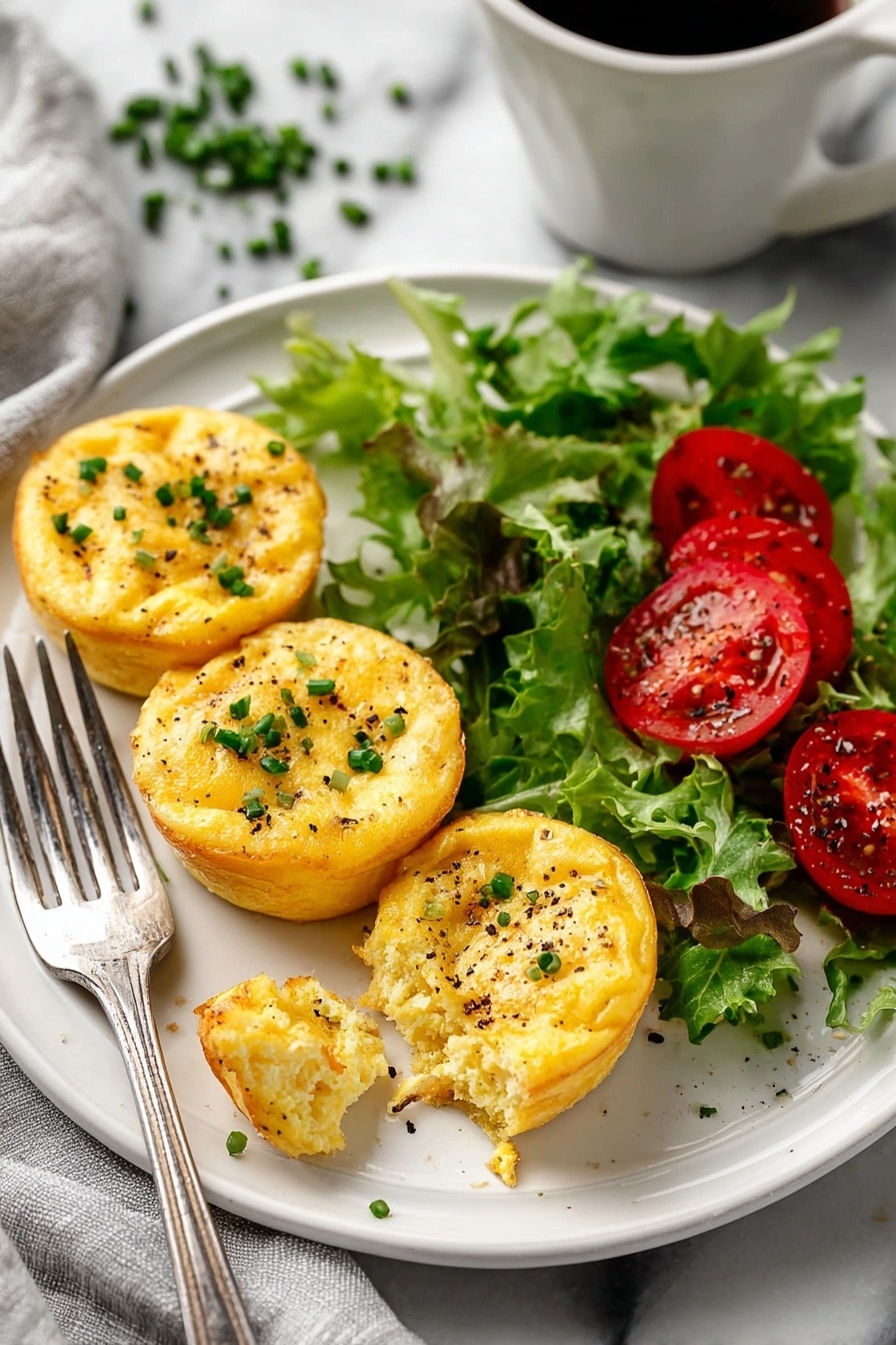 Cheddar Egg Bites Recipe 8 The image shows a white plate with three small, round, yellow egg muffins topped with green chives and a bit of black pepper. One muffin has a small bite taken out, with crumbs next to it. Next to the muffins is a fresh salad made of green leafy lettuce and halved red cherry tomatoes sprinkled with black pepper. A silver fork rests on the left side of the plate. The plate is placed on a white marbled surface, and a white cup of black coffee is partly visible in the top right corner. Photo taken with an iphone --ar 2:3 --v 7 - Cheddar Egg Bites, quick breakfast recipes, protein-packed egg bites, cheesy breakfast ideas, easy morning egg bites