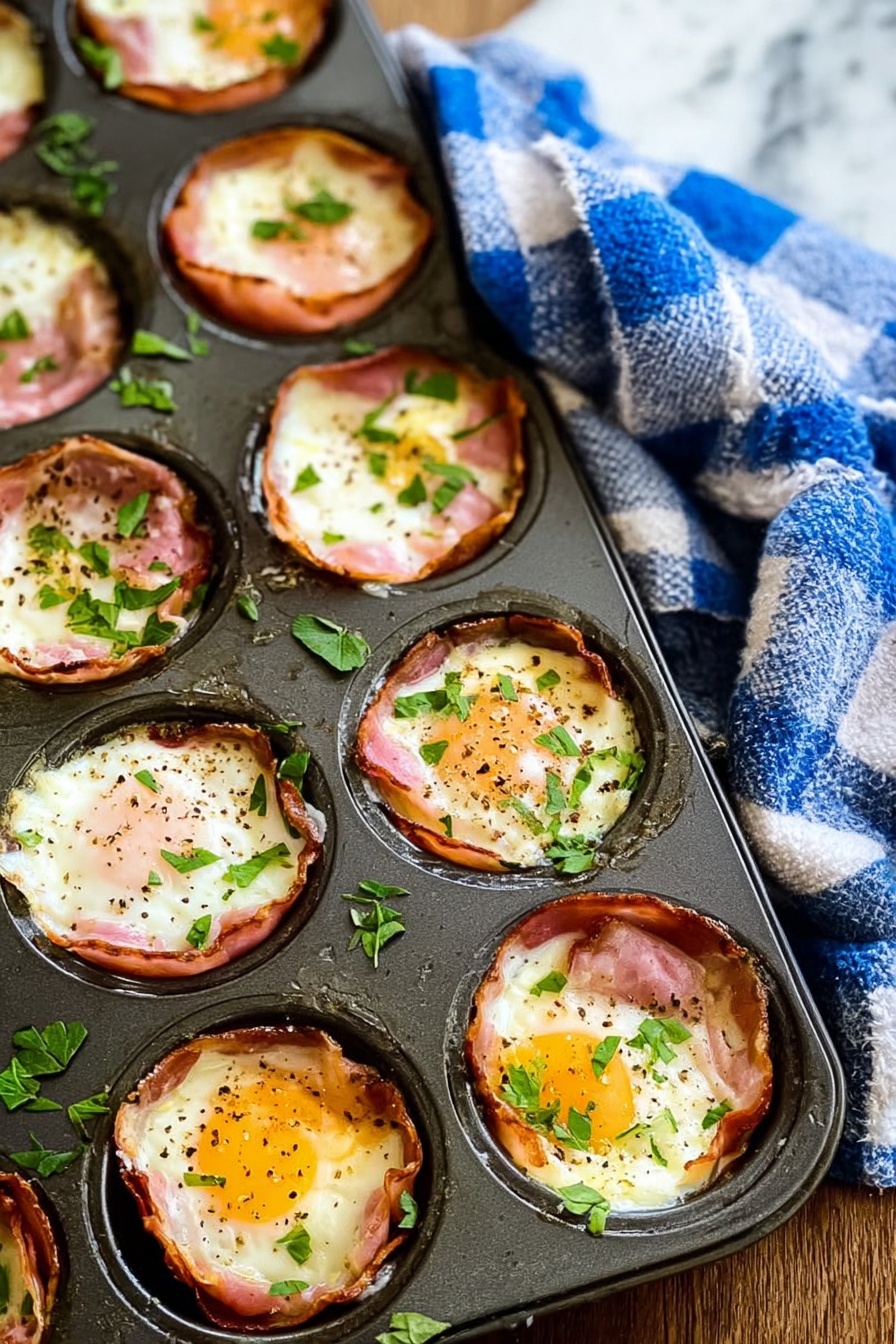 Ham and Egg Cups Recipe 6 The image shows a dark metal muffin tray filled with baked egg cups, each made with a layer of pinkish ham lining the cup, topped with cooked white eggs that have slightly browned edges and soft yellow yolks in the center, sprinkled with black pepper and small chopped green herbs. The egg cups are arranged in a 3 by 4 grid in the tray. The tray rests on a wooden surface with a blue and white checkered cloth draped nearby, and the background is a white marbled texture. Photo taken with an iphone --ar 2:3 --v 7 - Ham and Egg Cups, savory breakfast cups, easy breakfast recipes, quick brunch ideas, customizable egg muffins