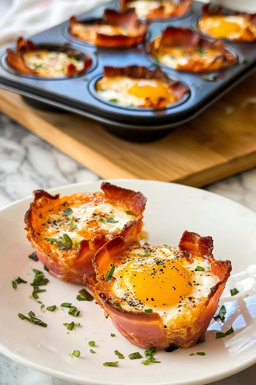 Ham and Egg Cups Recipe 8 The image shows two mini egg and ham cups on a white plate with small green herb pieces scattered around. Each cup has three visible layers: the bottom and sides are made of crispy, golden-brown ham forming a cup shape; inside is a white, mostly cooked egg layer with some soft, shiny melted cheese on top; the final layer is a sunny yellow egg yolk, slightly cooked, covered with black pepper and herbs. Behind the plate, there is a black metal muffin tray with more cups still inside it on a wooden board, all placed on a white marbled surface. Photo taken with an iphone --ar 2:3 --v 7 - Ham and Egg Cups, savory breakfast cups, easy breakfast recipes, quick brunch ideas, customizable egg muffins