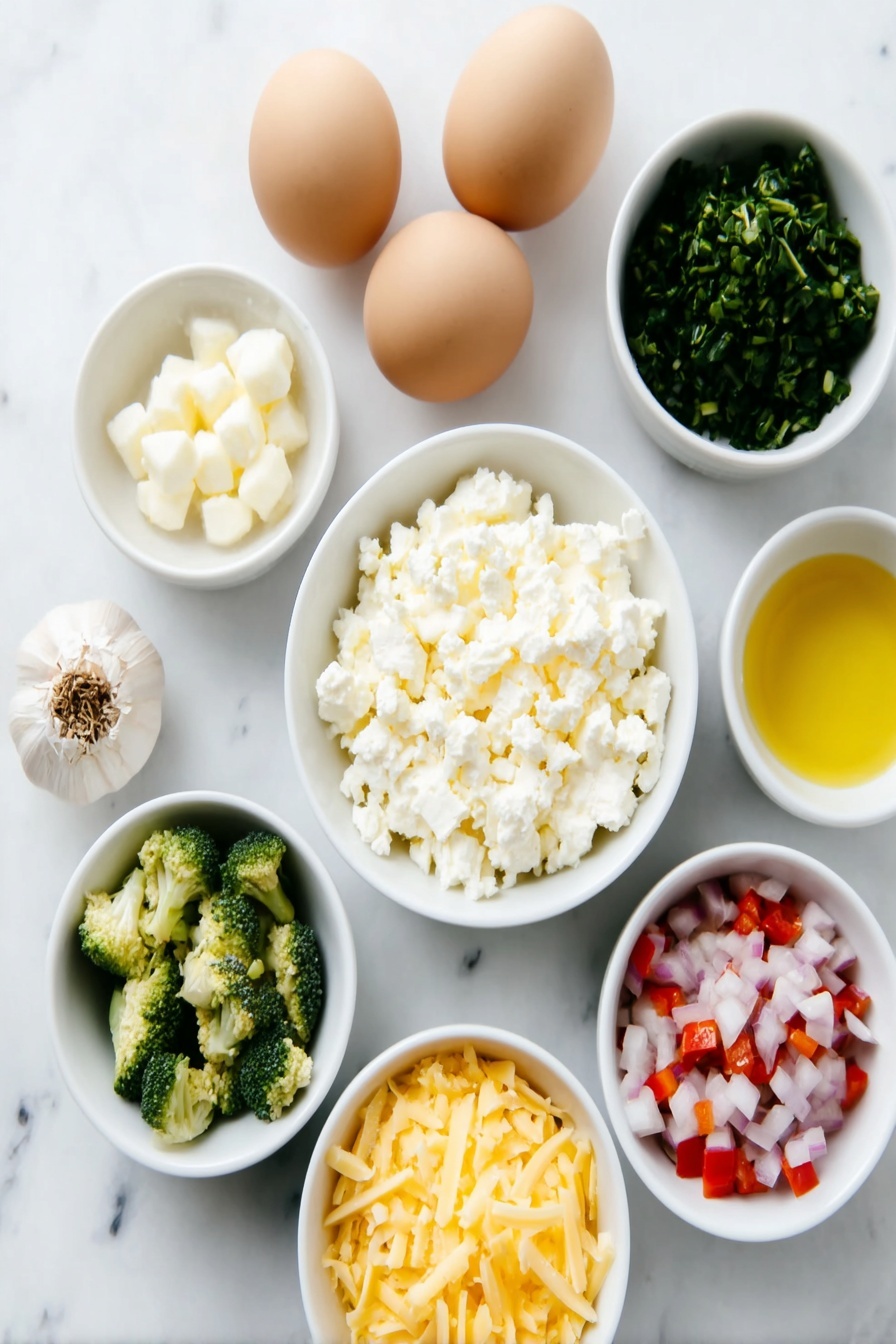 Cottage Cheese Egg Bites with Veggie Mix-Ins Recipe 7 Flat lay of four whole uncracked brown eggs arranged evenly, a small white ceramic bowl of fresh small curds of cottage cheese, a small white bowl holding packed leafy baby spinach, a single peeled clove of garlic, a small white bowl filled with crumbled white feta cheese, a small white bowl of diced bright red roasted bell peppers, a small white bowl of crumbled soft white goat cheese, finely chopped fresh green broccoli florets in a small white bowl, grated sharp orange cheddar cheese in a small white bowl, thinly sliced pale yellow onion, freshly chopped green herbs including basil, chives, dill and parsley mixed together in a small white bowl, and small white bowls of golden olive oil, all placed on a clean white marble surface, soft natural light, photo taken with an iPhone, professional food photography style, fresh ingredients, white ceramic bowls, no bottles, no duplicates, no utensils, no packaging --ar 2:3 --v 7 --p m7354615311229779997 - Cottage Cheese Egg Bites with Veggie Mix-Ins, healthy egg bites with cottage cheese and vegetables, protein-packed breakfast eggs, easy veggie egg bites, quick healthy breakfast recipes