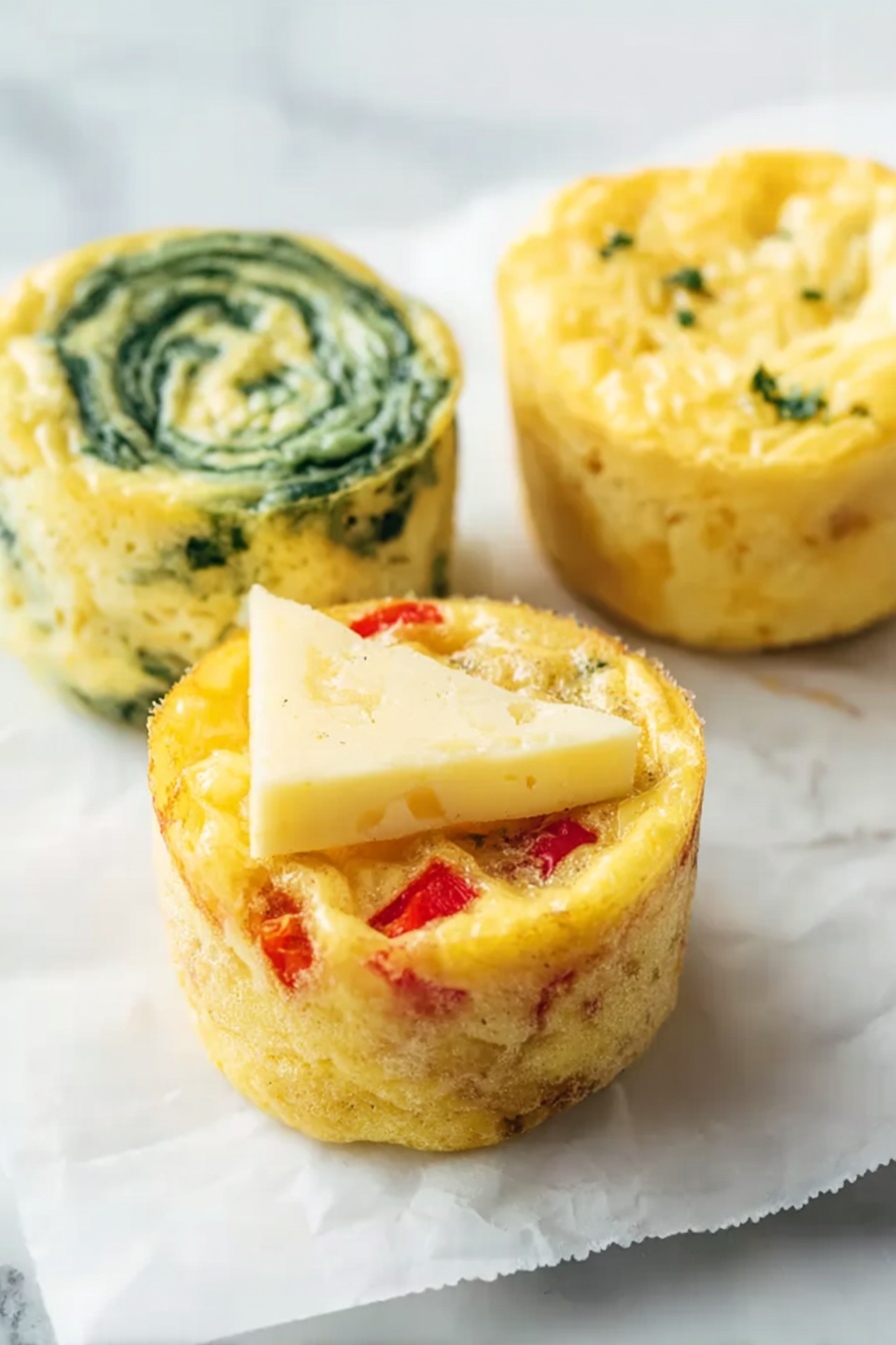 Cottage Cheese Egg Bites with Veggie Mix-Ins Recipe 6 Three small yellow muffins with a slightly bumpy texture are placed in a triangle shape near the top center of a round white plate. Below them, near the bottom center of the plate, are around ten blueberries, some whole and some cut to show the greenish inside. The plate sits on a white marbled surface, and a white cloth with soft stripes is partially visible at the bottom right. The lighting is soft and natural, highlighting the colors and textures clearly. photo taken with an iphone --ar 2:3 --v 7 - Cottage Cheese Egg Bites with Veggie Mix-Ins, healthy egg bites with cottage cheese and vegetables, protein-packed breakfast eggs, easy veggie egg bites, quick healthy breakfast recipes