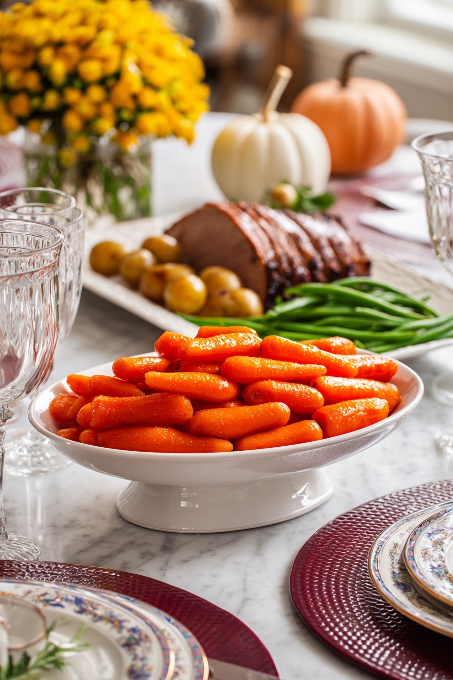 Slow Cooker Maple Glazed Carrots Recipe 8 A white pedestal dish filled with a large pile of shiny, cooked baby carrots in bright orange color is placed at the center of a dining table. Behind it, a tray holds a sliced roasted meat with a browned crust, green beans, and small round potatoes on the side. The table is covered with a white tablecloth over a white marbled surface and set with white plates with a blue and gold rim on top of burgundy textured chargers. There are clear glass goblets and silver cutlery neatly arranged around the plates. Blurred yellow flowers in a vase and small pumpkins decorate the background. Photo taken with an iphone --ar 2:3 --v 7 - Slow Cooker Maple Glazed Carrots, easy carrot side dish, holiday vegetable recipes, sweet glazed carrots, healthy vegetable side